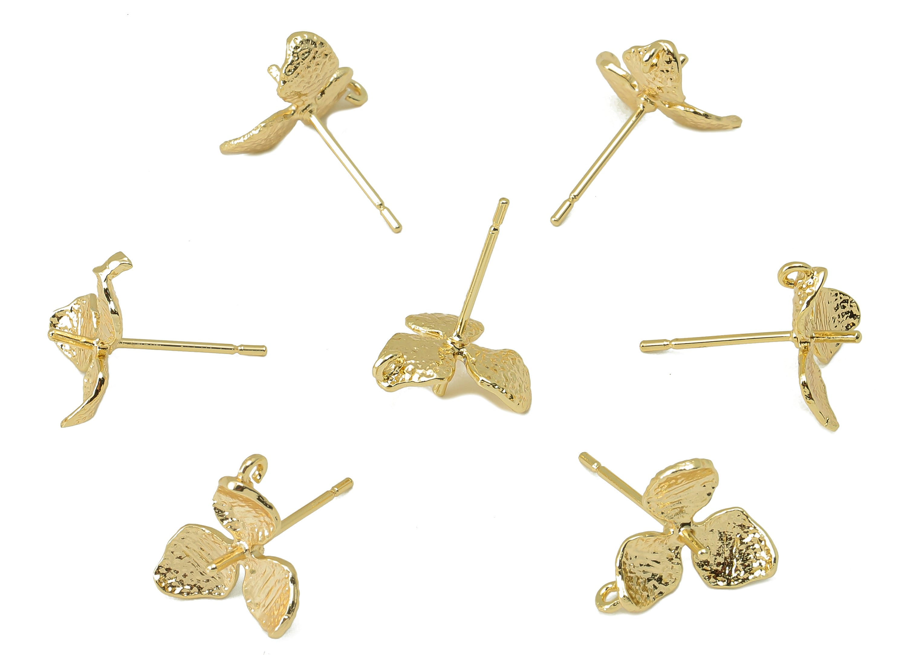 Brass Flower Earring Post -Brass Hammered Stud Earring For Pearls- Stud With Loop - 18K Real Gold Plating -11.8x 10.85x 1.08mm-RGP5851 - DOMEDBAZAAR