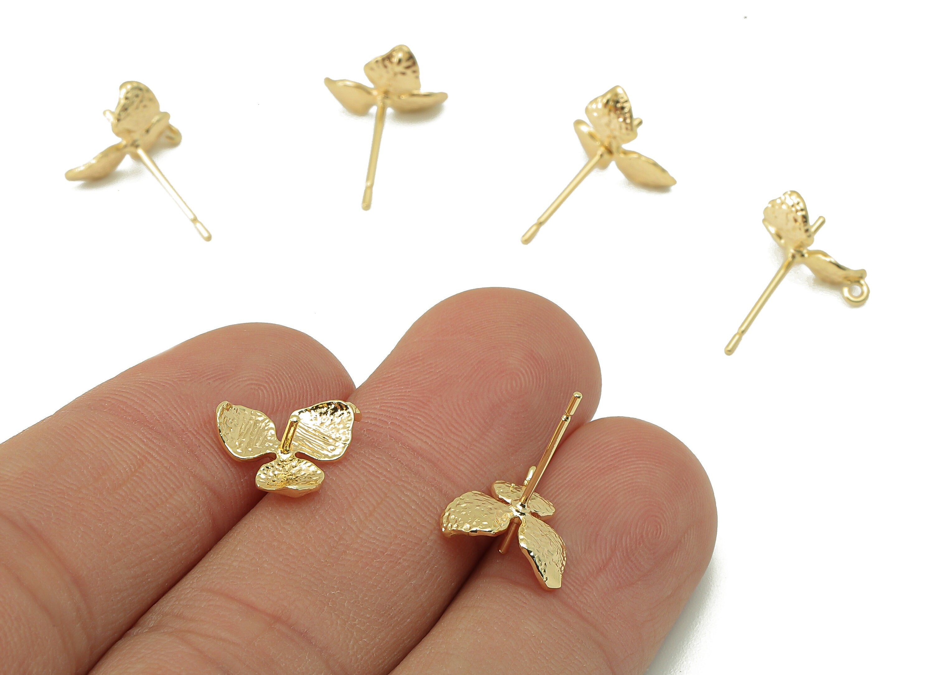 Brass Flower Earring Post -Brass Hammered Stud Earring For Pearls- Stud With Loop - 18K Real Gold Plating -11.8x 10.85x 1.08mm-RGP5851 - DOMEDBAZAAR