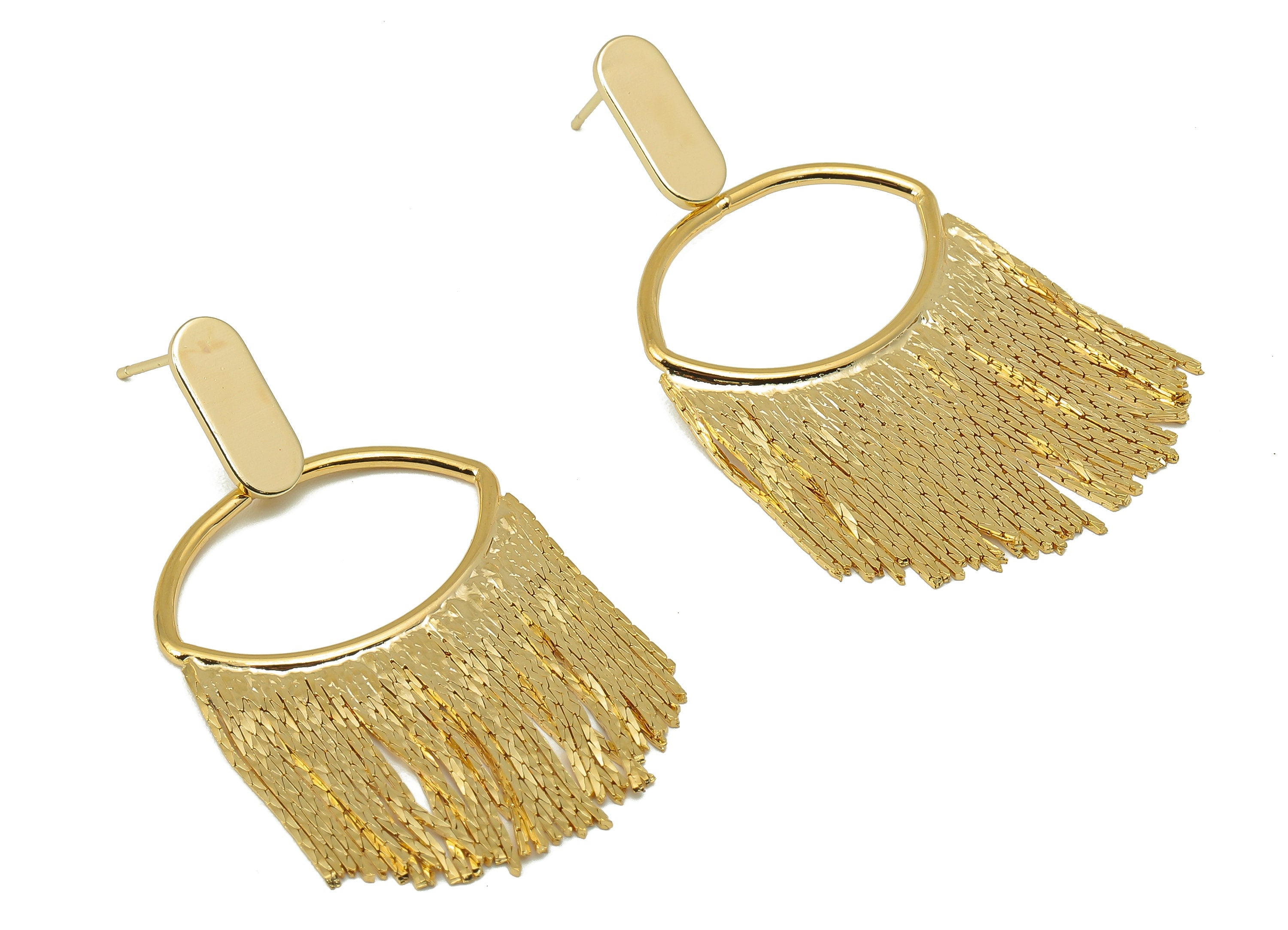 Brass Snake Chain Tassel Earring - Brass Hanging Chains Earring Post - Eye Snake Chain Stud-18K Real Gold Plating-52.51x28.76x1.48mm-RGP5874 - DOMEDBAZAAR