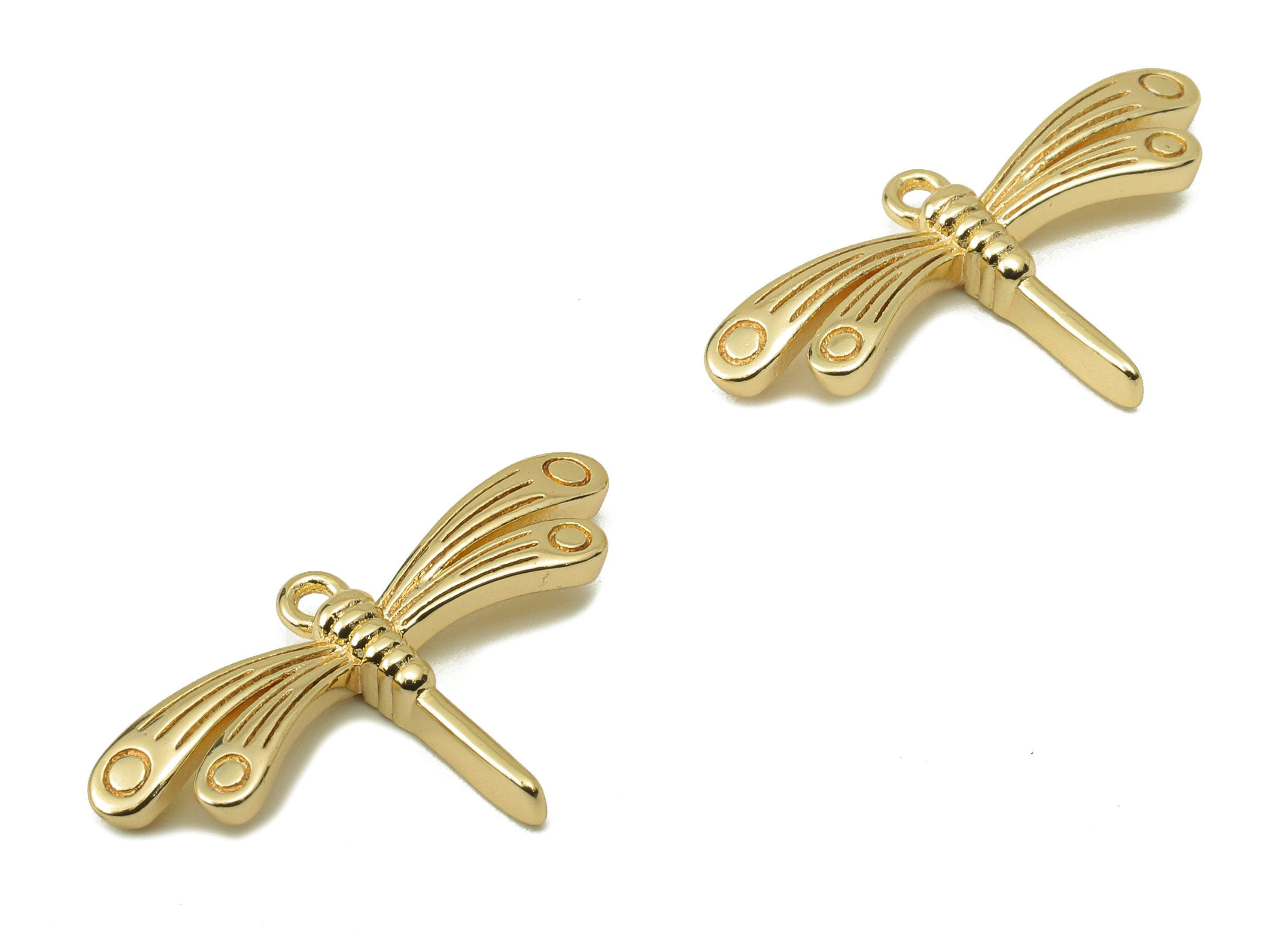 Brass Dragonfly Earring Charm - Brass Dragonfly Charm for Necklace - Brass Gold Pendent - 18K Real Gold Plating-25.75x 15.04x 2.38mm-RGP5876 - DOMEDBAZAAR
