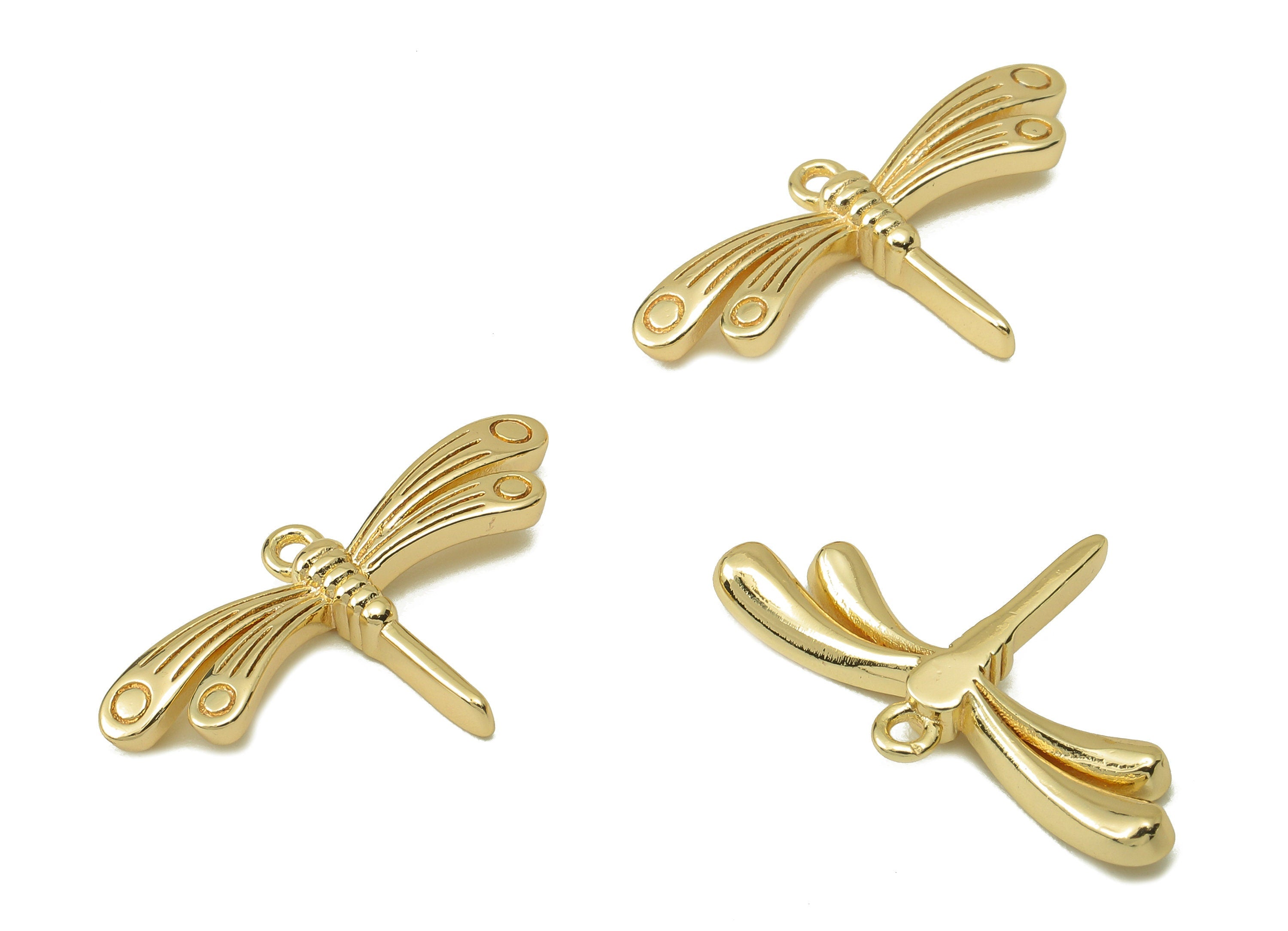 Brass Dragonfly Earring Charm - Brass Dragonfly Charm for Necklace - Brass Gold Pendent - 18K Real Gold Plating-25.75x 15.04x 2.38mm-RGP5876 - DOMEDBAZAAR