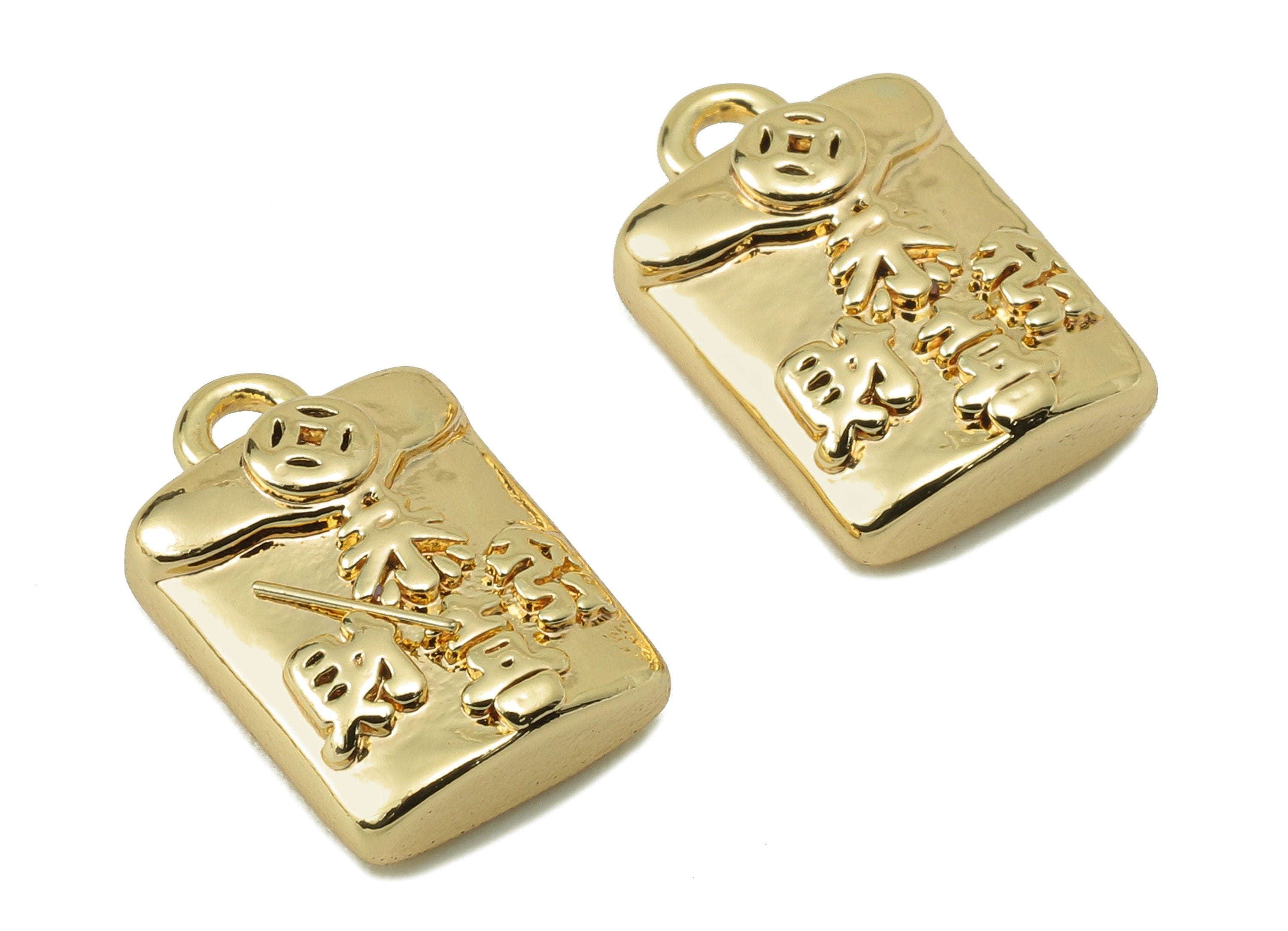 Brass Lucky Earring Charms - Brass Gold Word For Pendent - Thick Bag Charm For Necklace -18K Real Gold Plating-13.53x 8.97x 4.52mm-RGP5882 - DOMEDBAZAAR
