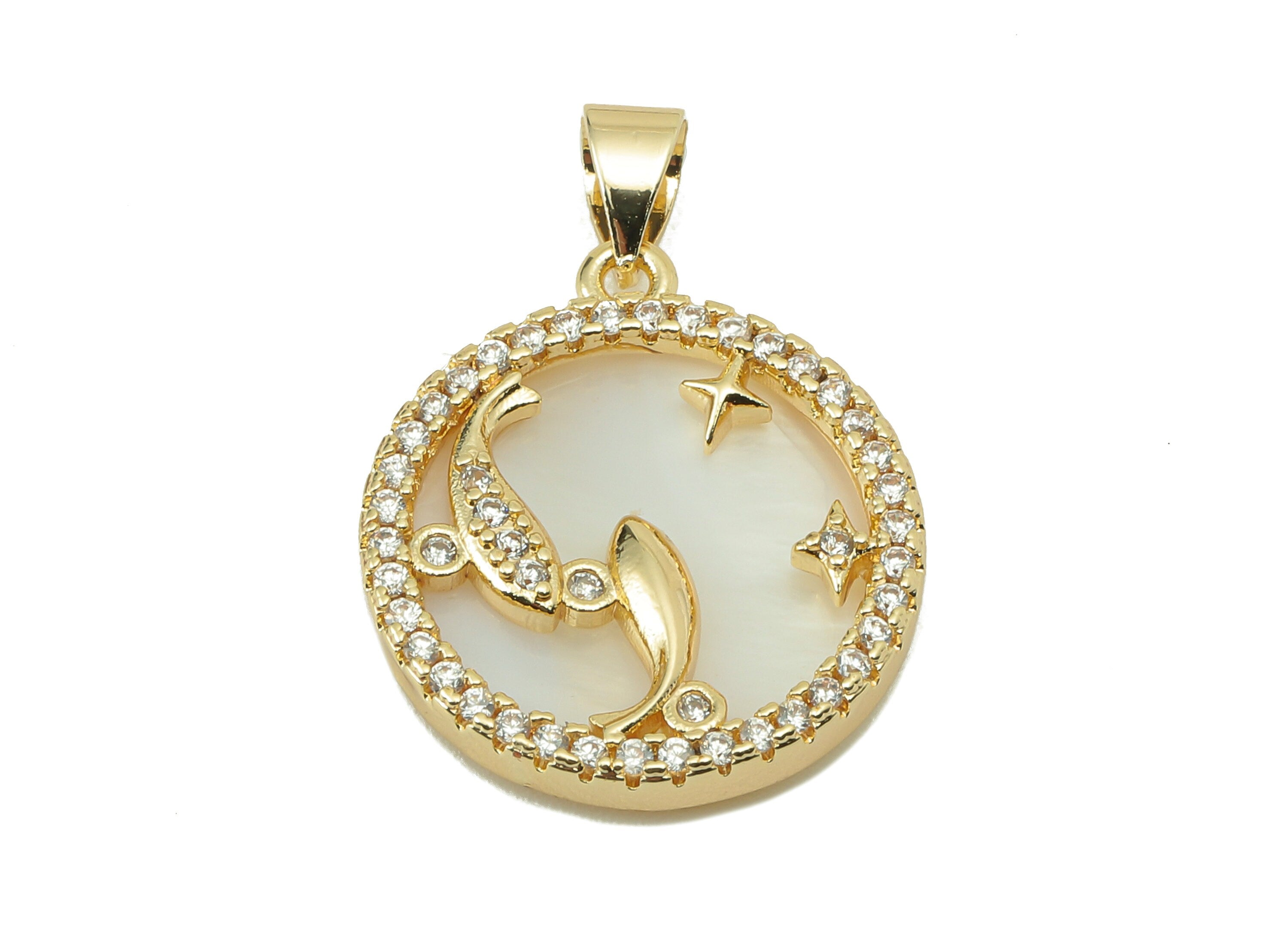 Brass Horoscope Zircon Round Pisces Charm - White Shell Zodiac Pendant With Loop -18K Real Gold Plating-25.64x 18.49x 2.89mm-RGP5887A - DOMEDBAZAAR