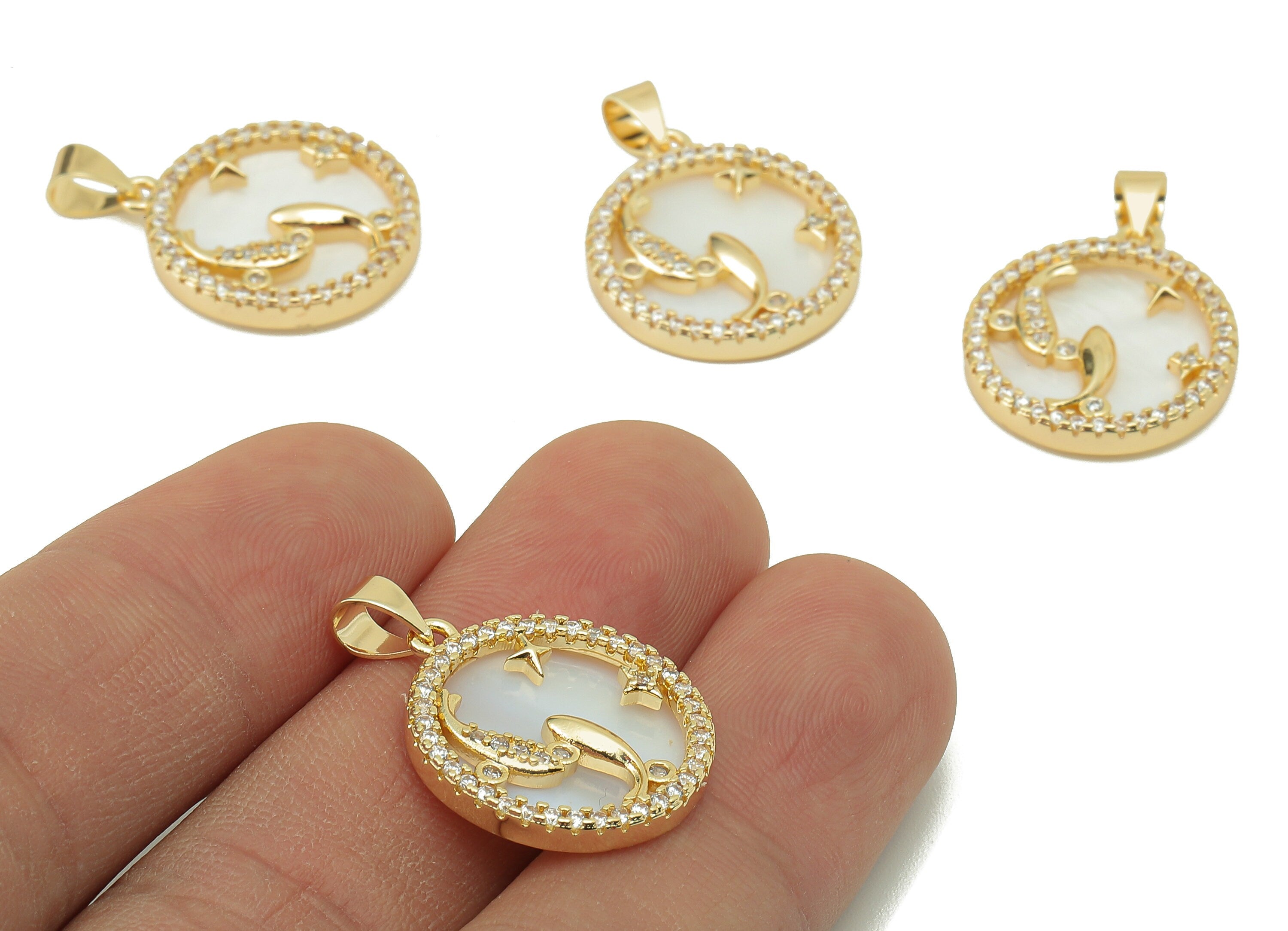 Brass Horoscope Zircon Round Pisces Charm - White Shell Zodiac Pendant With Loop -18K Real Gold Plating-25.64x 18.49x 2.89mm-RGP5887A - DOMEDBAZAAR