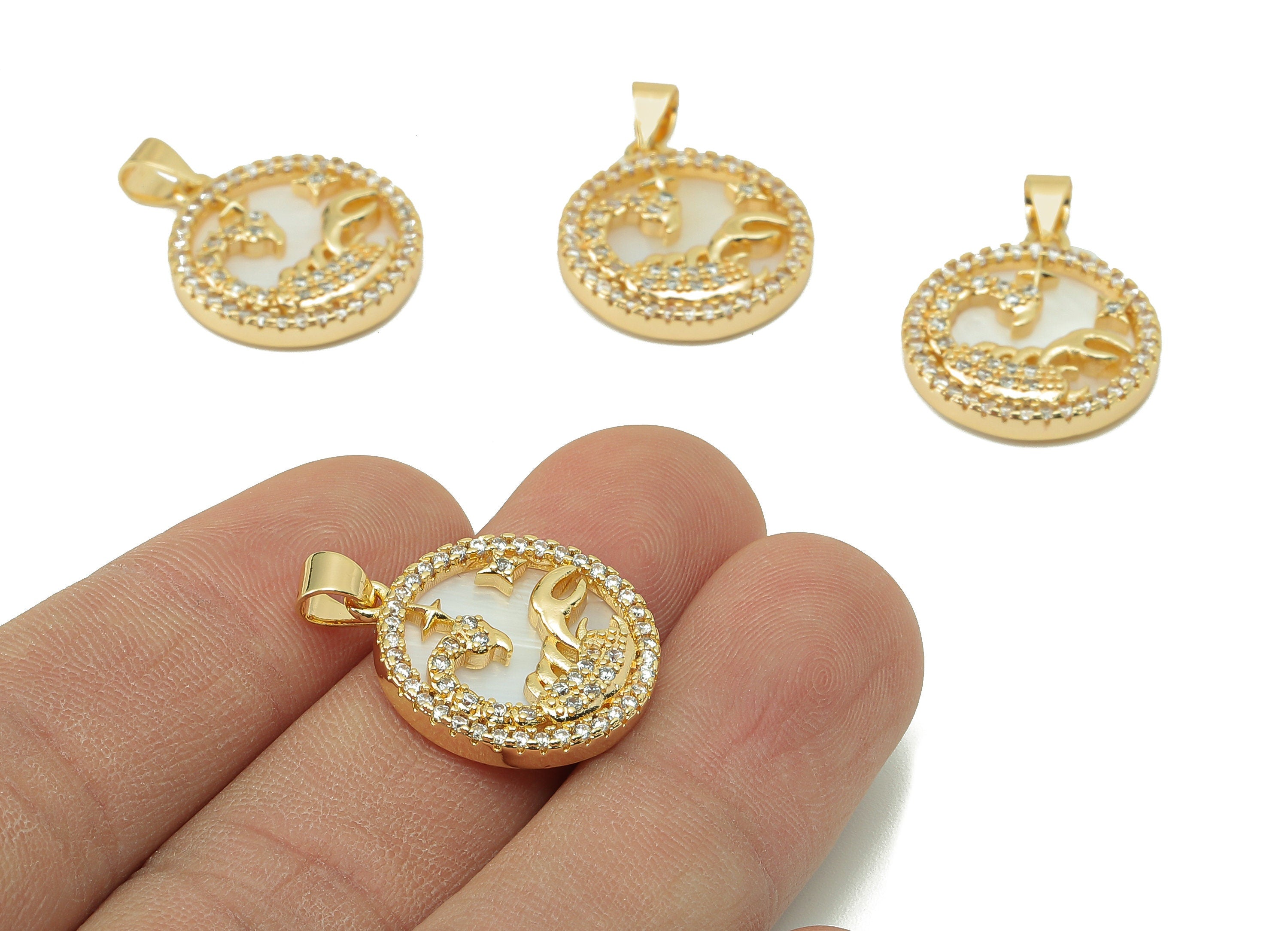 Brass Horoscope Zircon Round Scorpio Charm - White Shell Zodiac Pendant With Loop -18K Real Gold Plating-25.64x 18.49x 2.89mm-RGP5887B - DOMEDBAZAAR