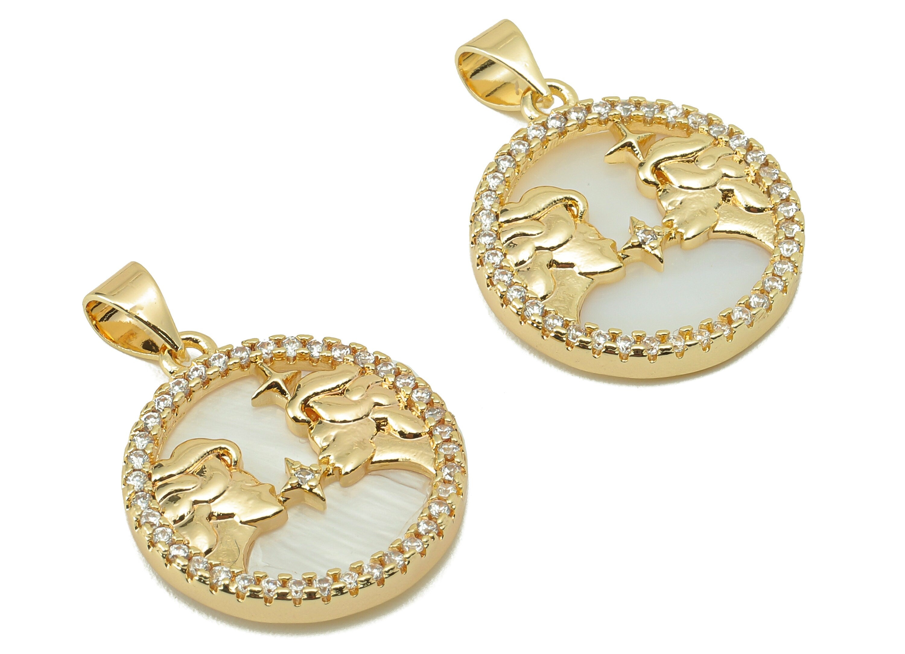 Brass Horoscope Zircon Round Gemini Charm - Shell Zodiac Pendant -CZ Gold Gemini Pendant -18K Real Gold Plating-25.64x 18.49x2.89mm-RGP5887D - DOMEDBAZAAR