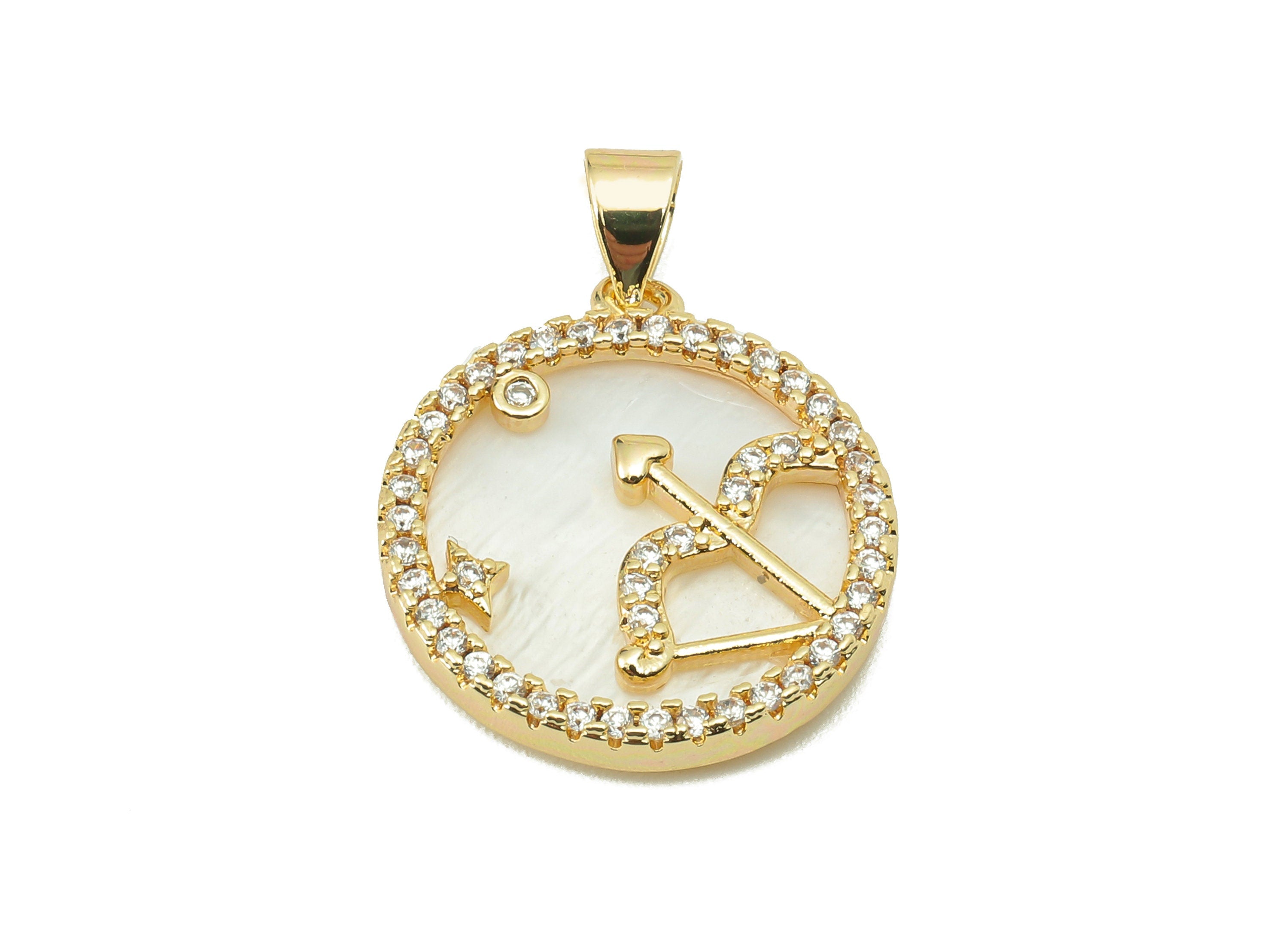 Brass Horoscope Zircon Round Sagittarius Charm - Shell Zodiac Pendant-CZ Sagittarius Charm-18K Real Gold Plating-25.64x18.49x2.89mm-RGP5887F - DOMEDBAZAAR