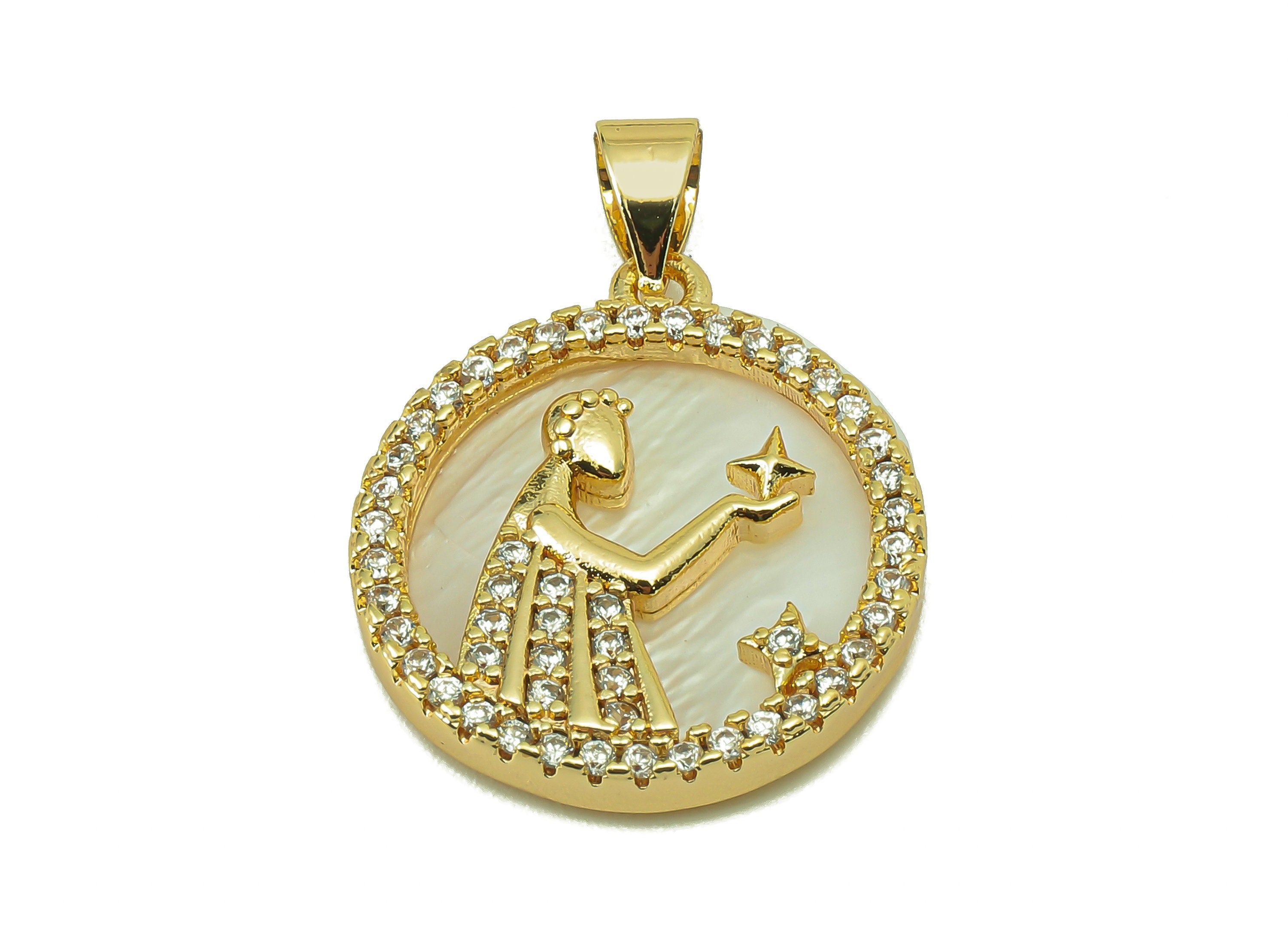 Brass Horoscope Zircon Round Virgo Charm - White Shell Zodiac Pendant-CZ Shell Virgo Charm-18K Real Gold Plating-25.64x18.49x2.89mm-RGP5887H - DOMEDBAZAAR