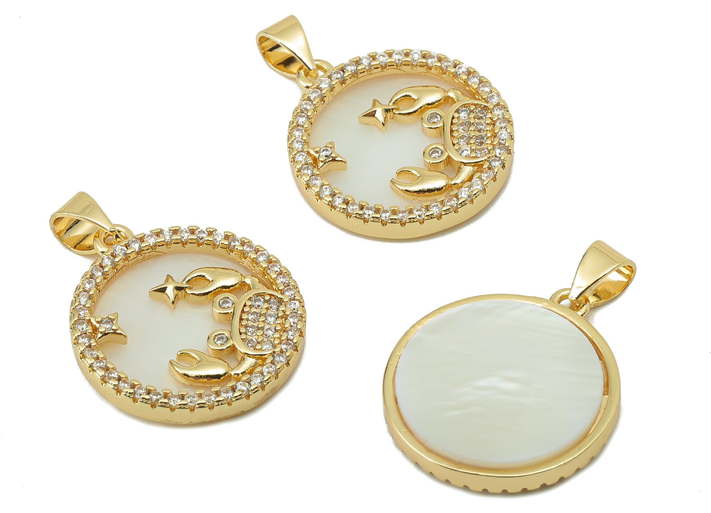 Brass Horoscope Zircon Round Cancer Charm - Shell Zodiac Pendant - CZ Cancer Gold Pendant-18K Real Gold Plating-25.64x 18.49x2.89mm-RGP5887J - DOMEDBAZAAR