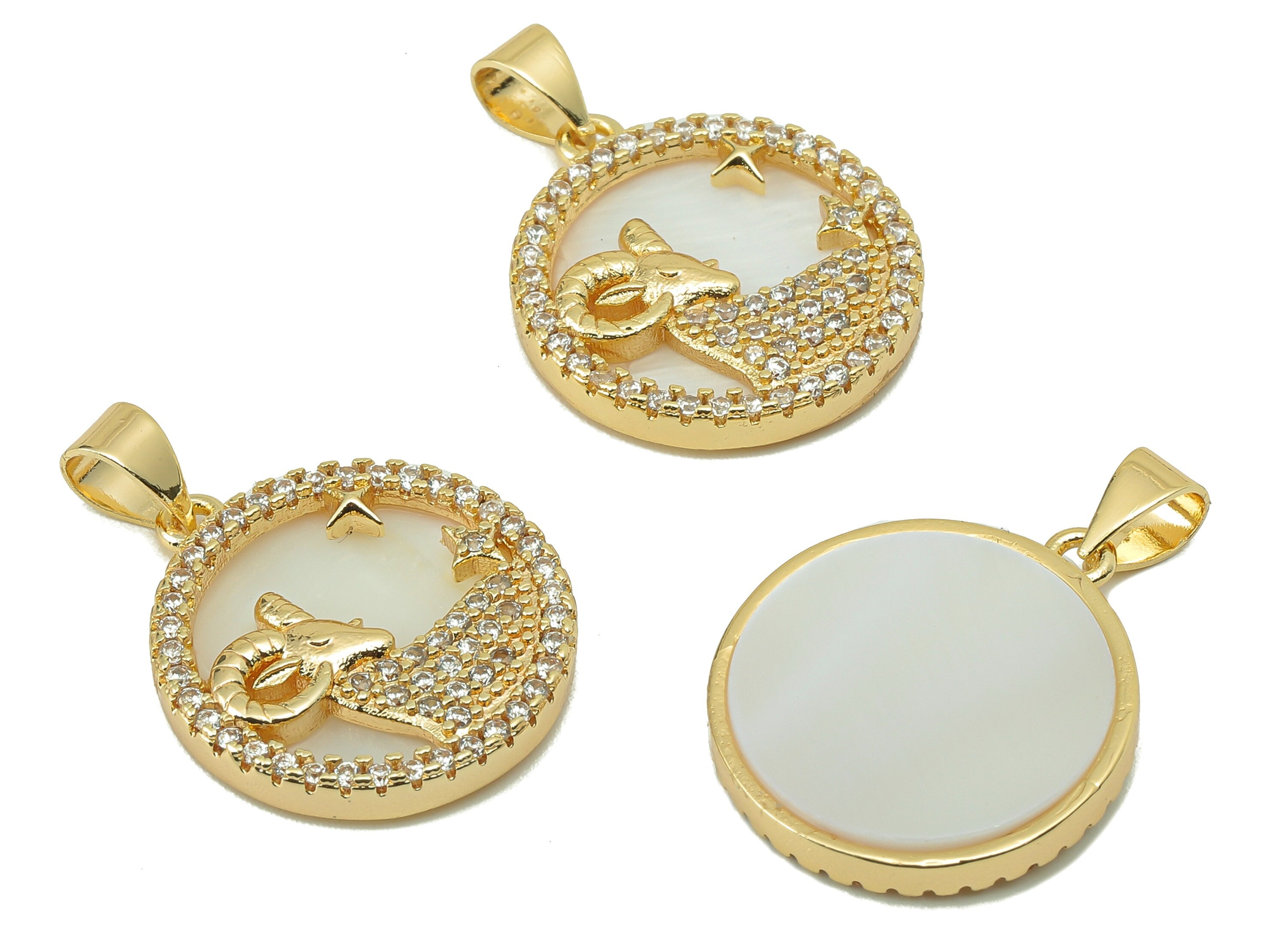 Brass Horoscope Zircon Round Aries Charm - CZ Shell Zodiac Pendant - Shell Aries Pendant-18K Real Gold Plating-25.64x 18.49x 2.89mm-RGP5887K - DOMEDBAZAAR