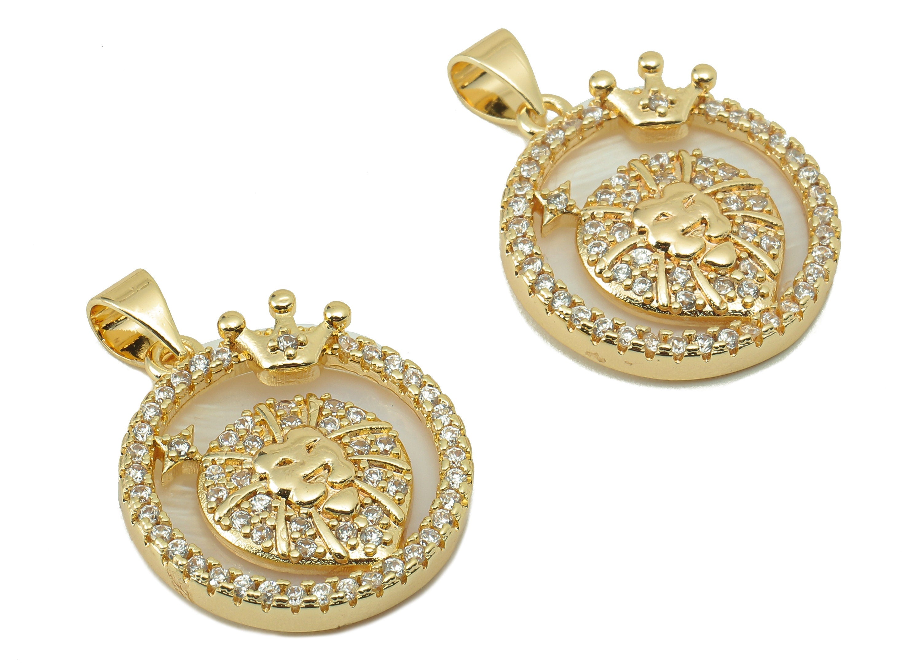 Brass Horoscope Zircon Round Leo Charm - White Shell Zodiac Pendant With Loop -18K Real Gold Plating-25.64x 18.49x 2.89mm-RGP5887L - DOMEDBAZAAR