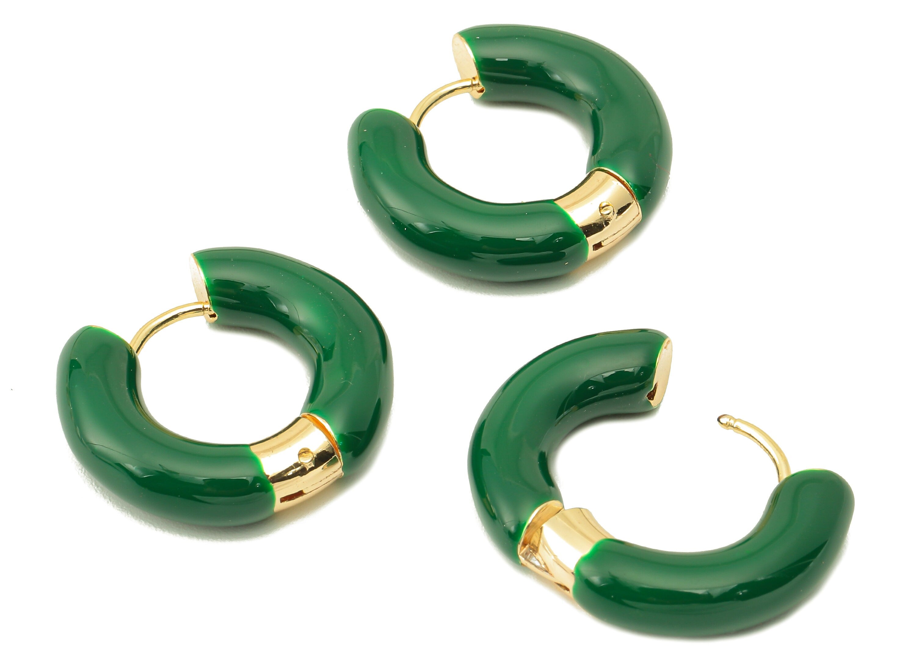 Stainless Steel Circle Earring Clasps - Green Enamel Thick Hoop Earring -Huggie Hoop Clasp-18K Real Gold Plating-23.48x21.37x5.54mm-RGP5888B - DOMEDBAZAAR