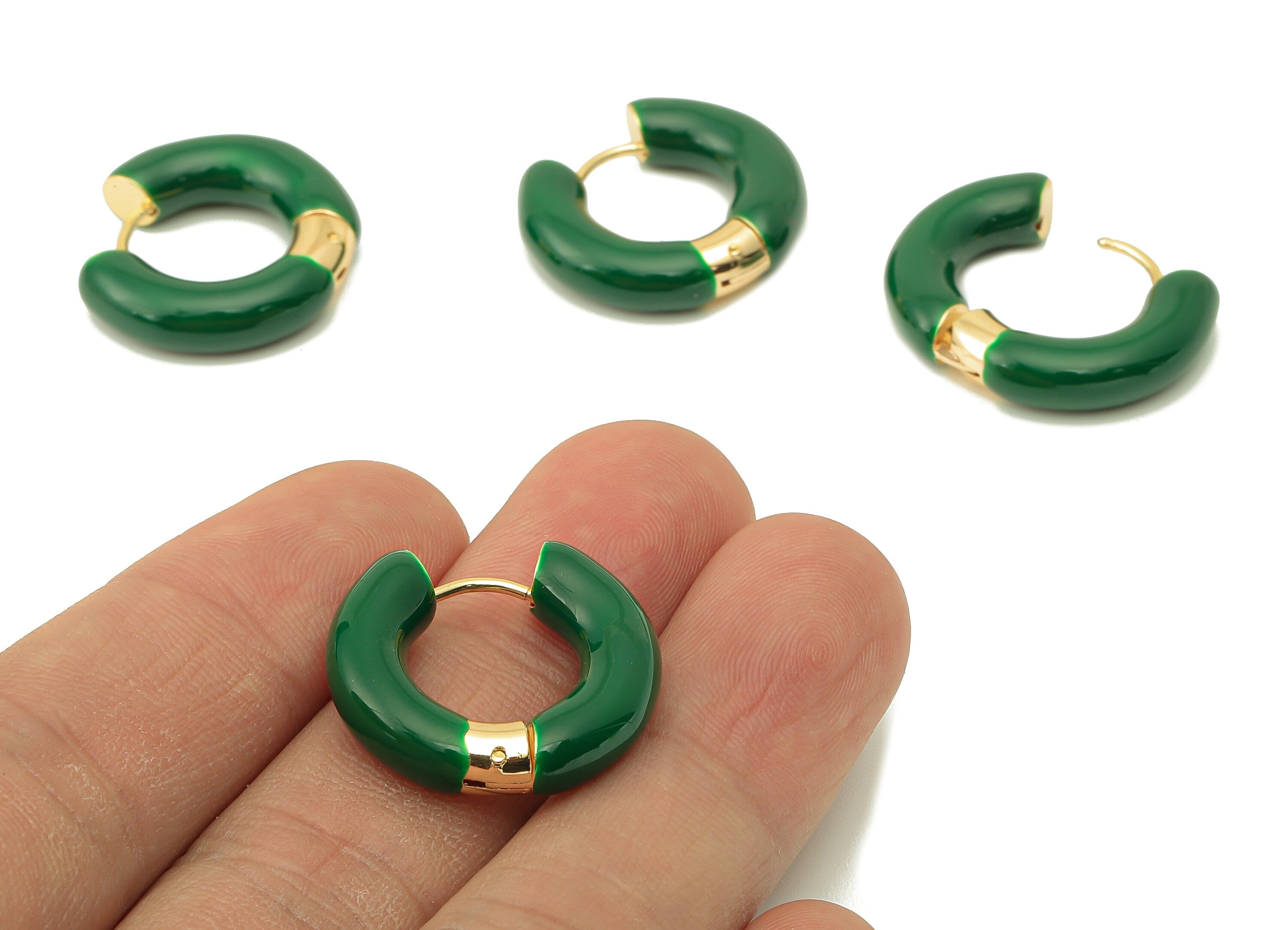 Stainless Steel Circle Earring Clasps - Green Enamel Thick Hoop Earring -Huggie Hoop Clasp-18K Real Gold Plating-23.48x21.37x5.54mm-RGP5888B - DOMEDBAZAAR