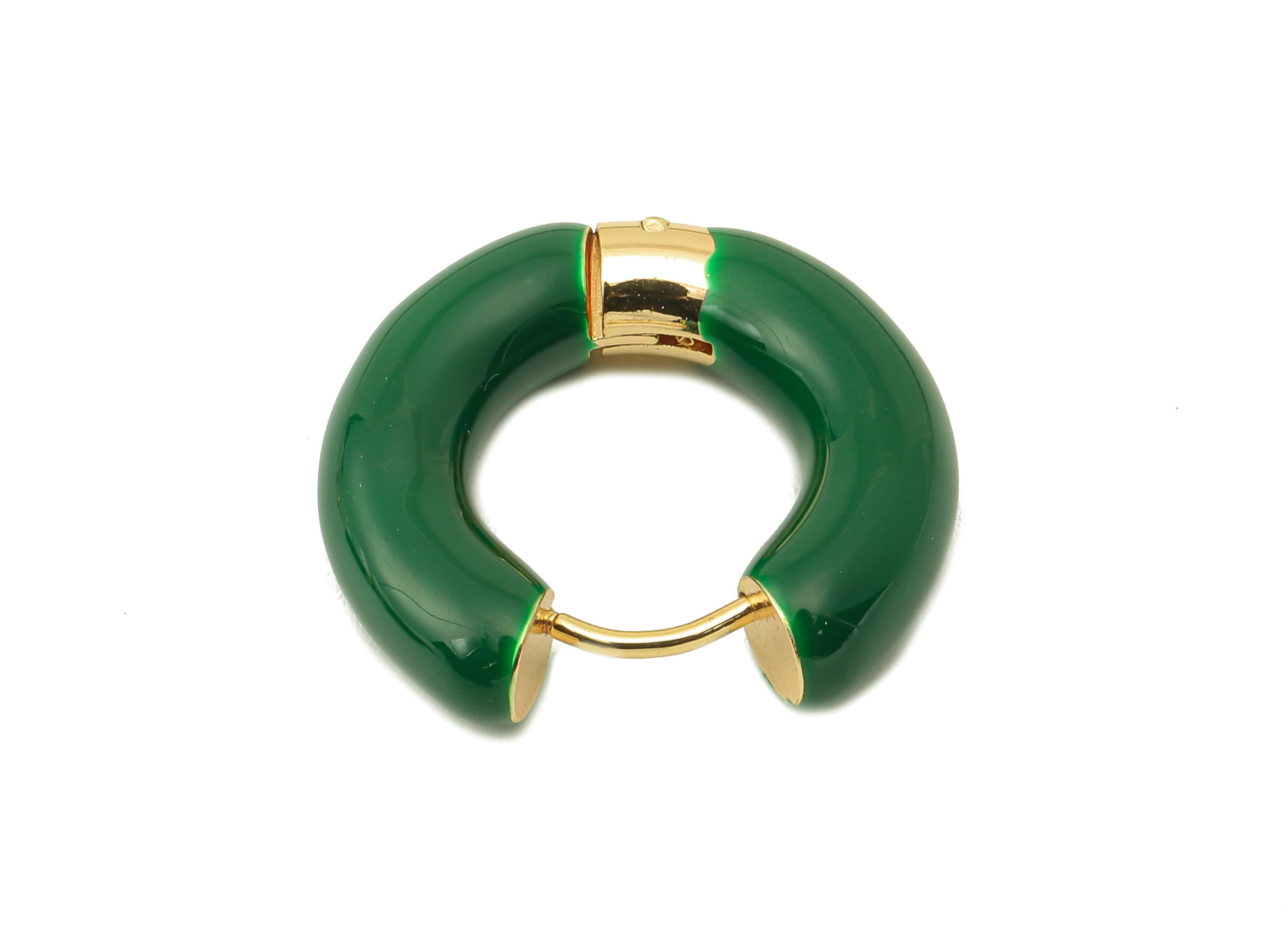 Stainless Steel Circle Earring Clasps - Green Enamel Thick Hoop Earring -Huggie Hoop Clasp-18K Real Gold Plating-23.48x21.37x5.54mm-RGP5888B - DOMEDBAZAAR