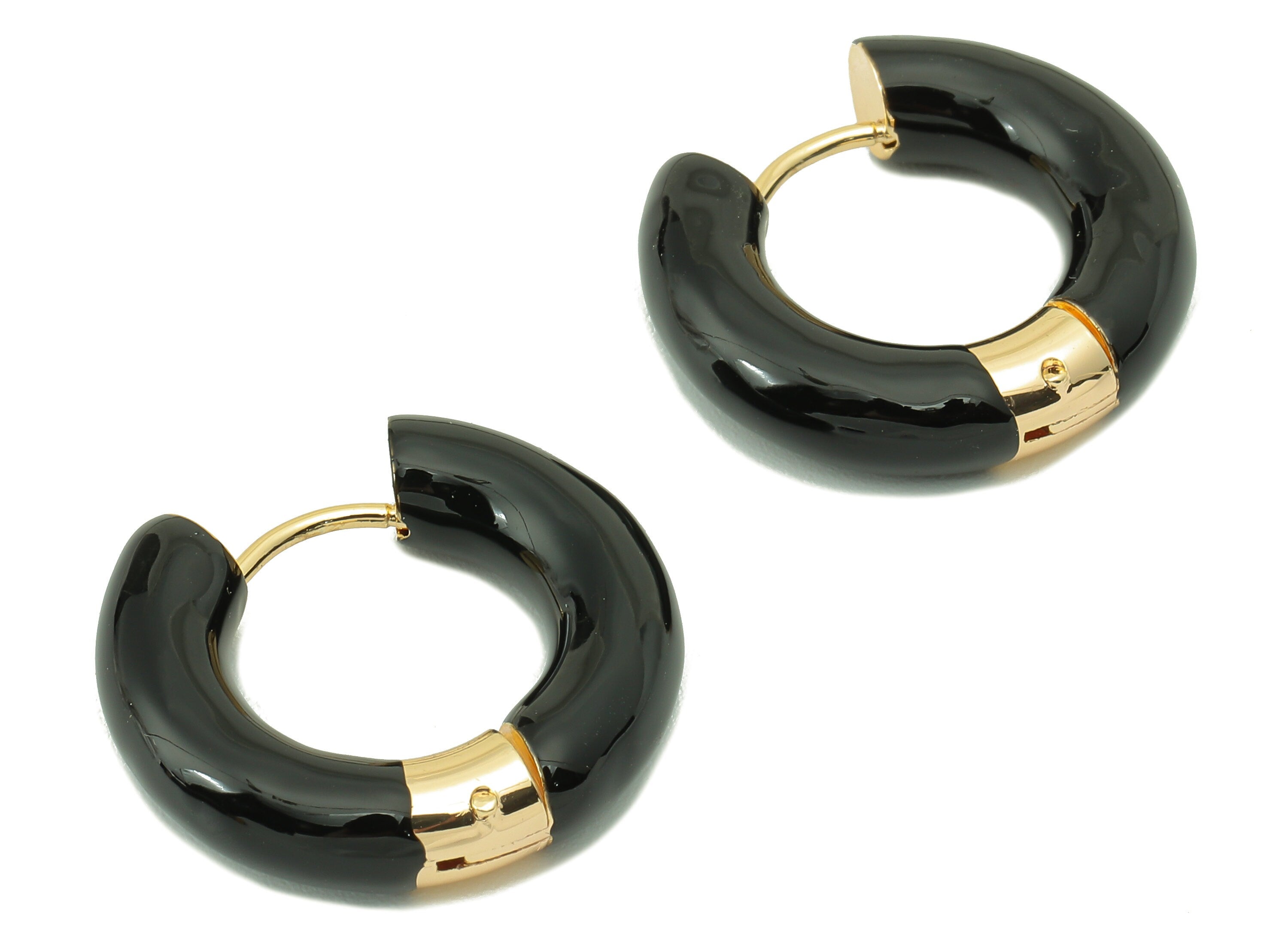 Stainless Steel Circle Earring Clasps - Black Enamel Thick Hoop Earring-Huggie Hoop Clasp -18K Real Gold Plating-23.48x21.37x5.54mm-RGP5888F - DOMEDBAZAAR