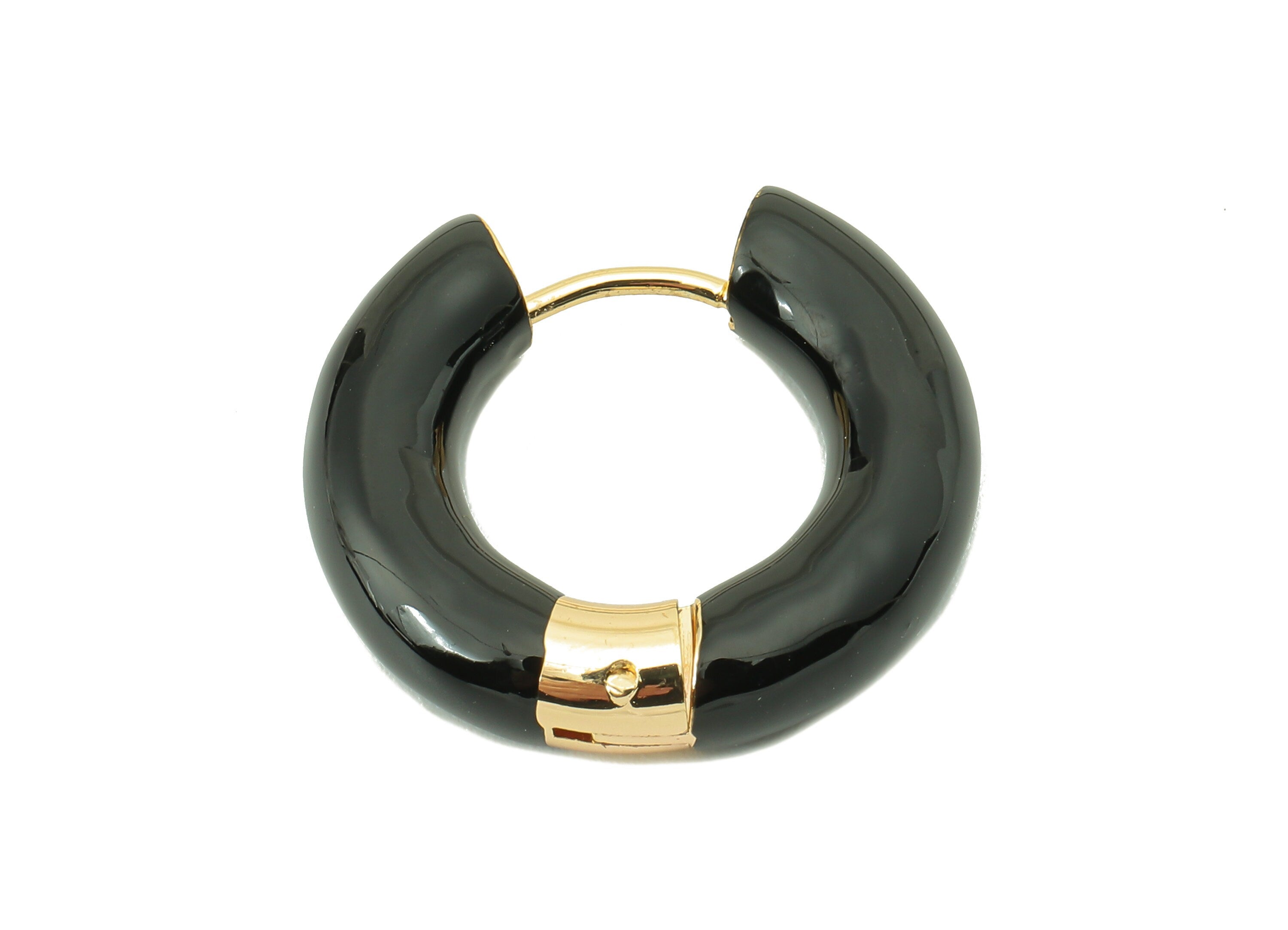 Stainless Steel Circle Earring Clasps - Black Enamel Thick Hoop Earring-Huggie Hoop Clasp -18K Real Gold Plating-23.48x21.37x5.54mm-RGP5888F - DOMEDBAZAAR