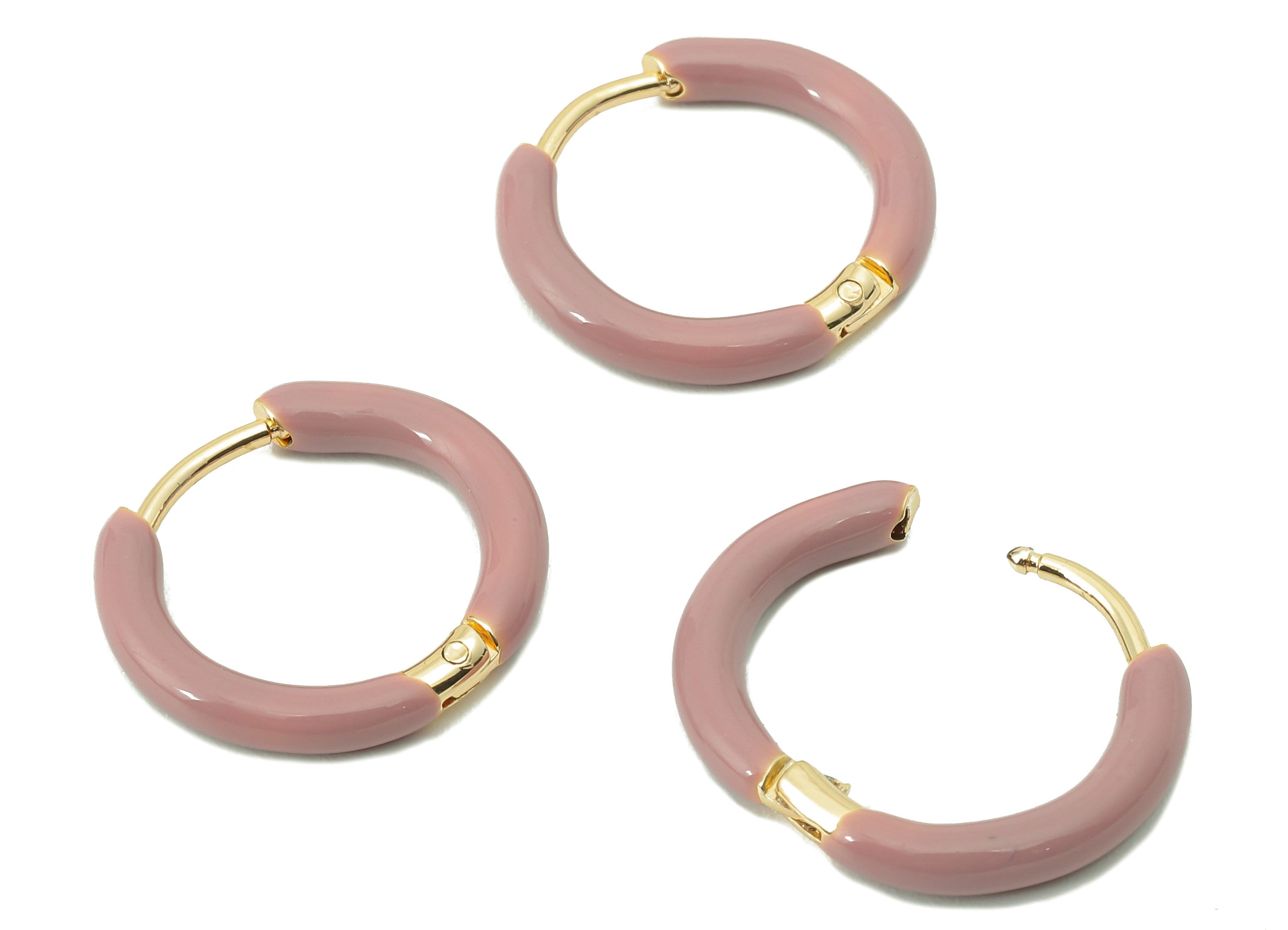 Stainless Steel Circle Earrings Clasps -Mini Pink Enamel Hoop Earrings -Huggie Hoop Clasp -18K Real Gold Plating-16.57x15.19x2.71mm-RGP5889C - DOMEDBAZAAR