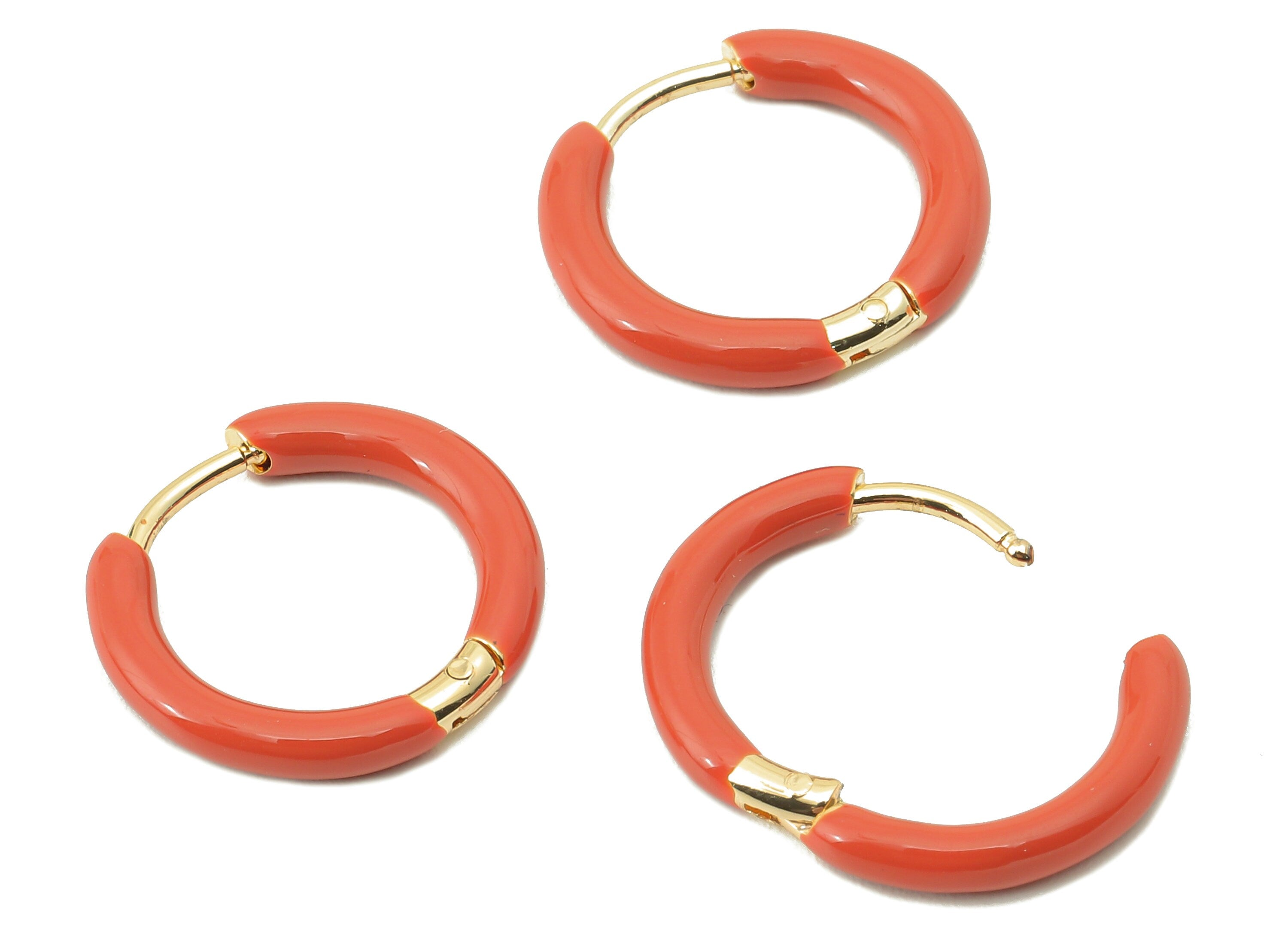 Stainless Steel Circle Earring Clasps - Mini Orange Enamel Hoop Earring- Huggie Hoop Clasp-18K Real Gold Plating-16.57x15.19x2.71mm-RGP5889D - DOMEDBAZAAR