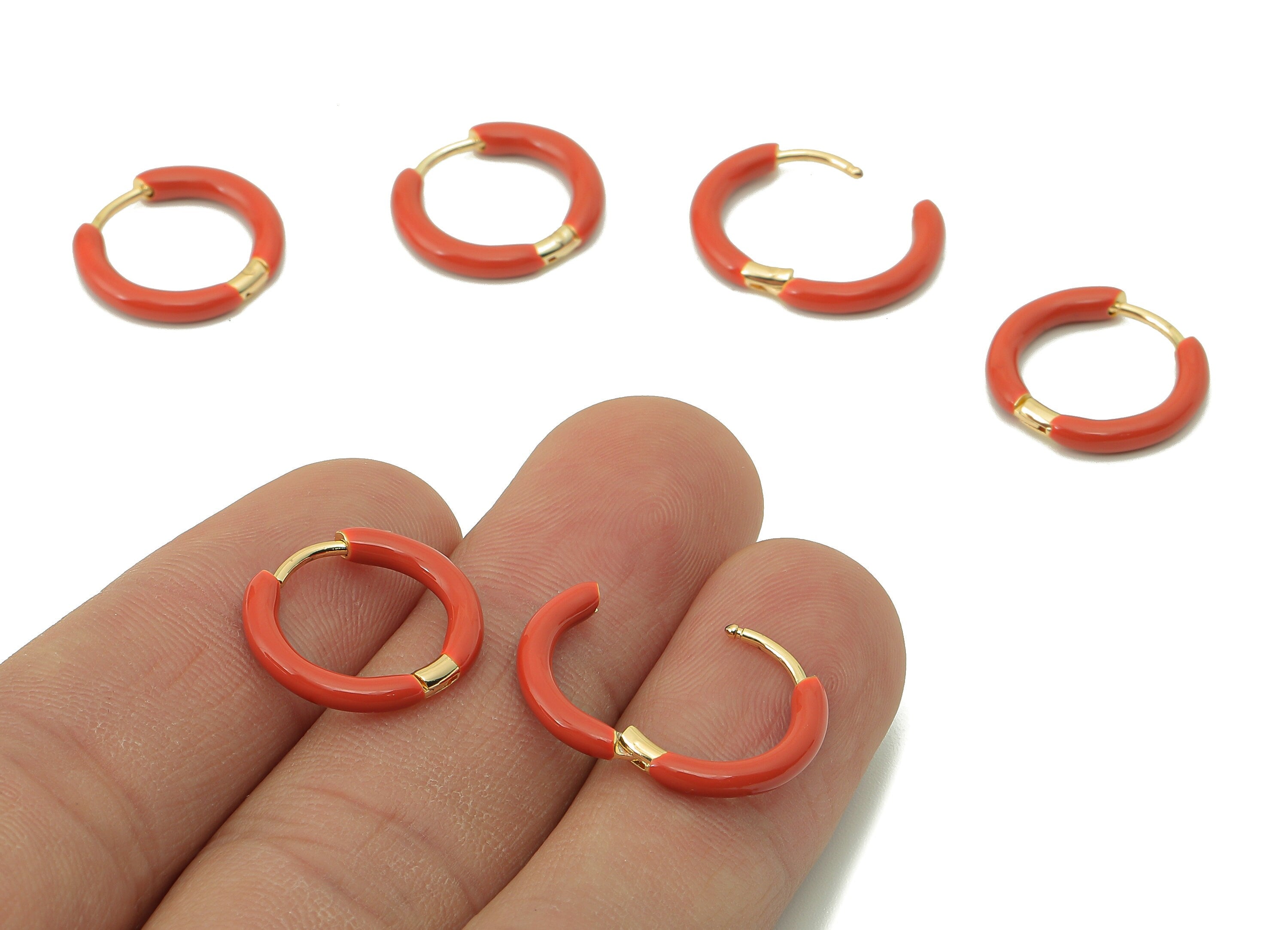 Stainless Steel Circle Earring Clasps - Mini Orange Enamel Hoop Earring- Huggie Hoop Clasp-18K Real Gold Plating-16.57x15.19x2.71mm-RGP5889D - DOMEDBAZAAR