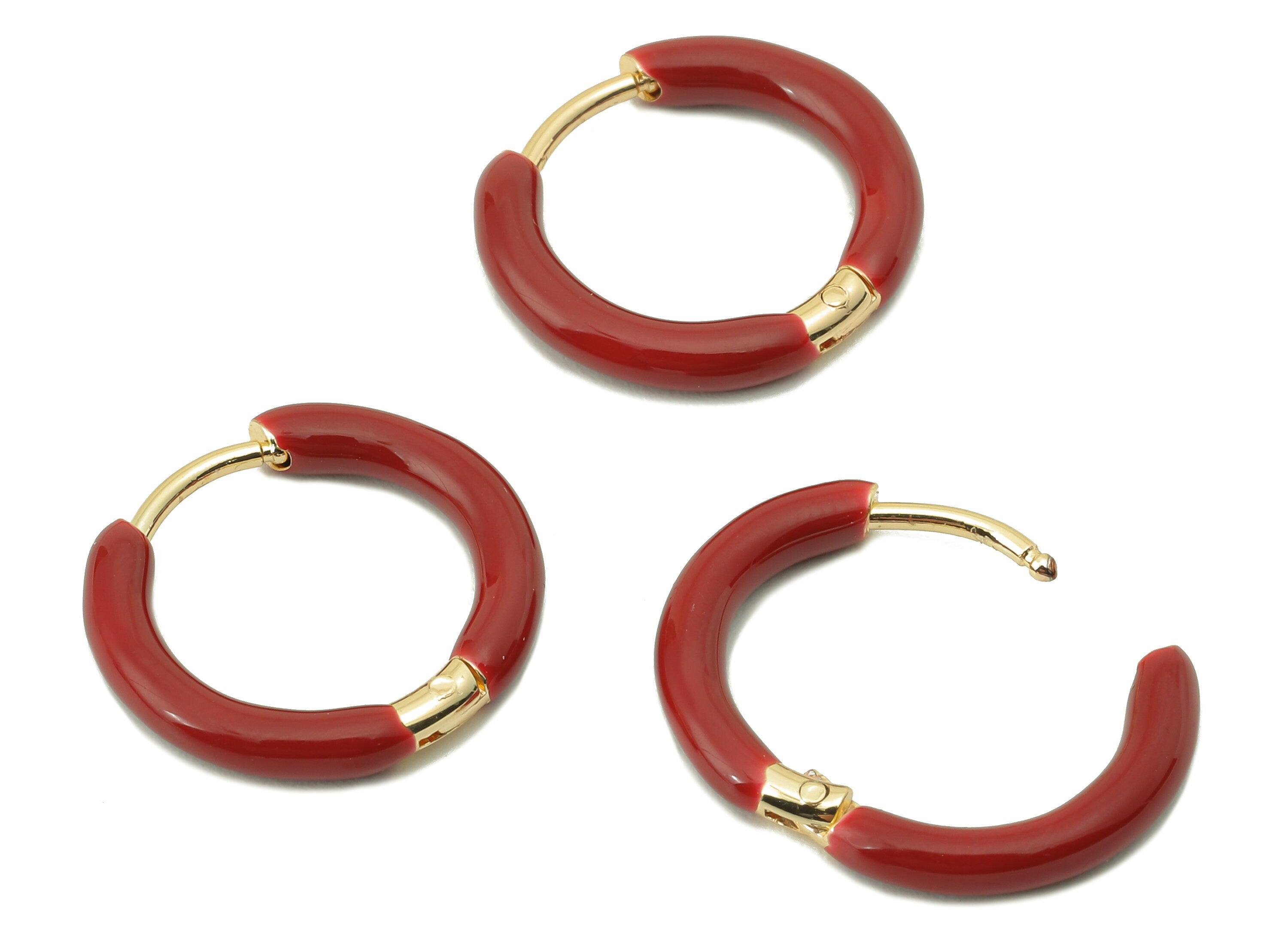 Stainless Steel Circle Earring Clasps - Mini Red Enamel Hoop Earring - Huggie Hoop Clasp -18K Real Gold Plating-16.57x15.19x 2.71mm-RGP5889E - DOMEDBAZAAR