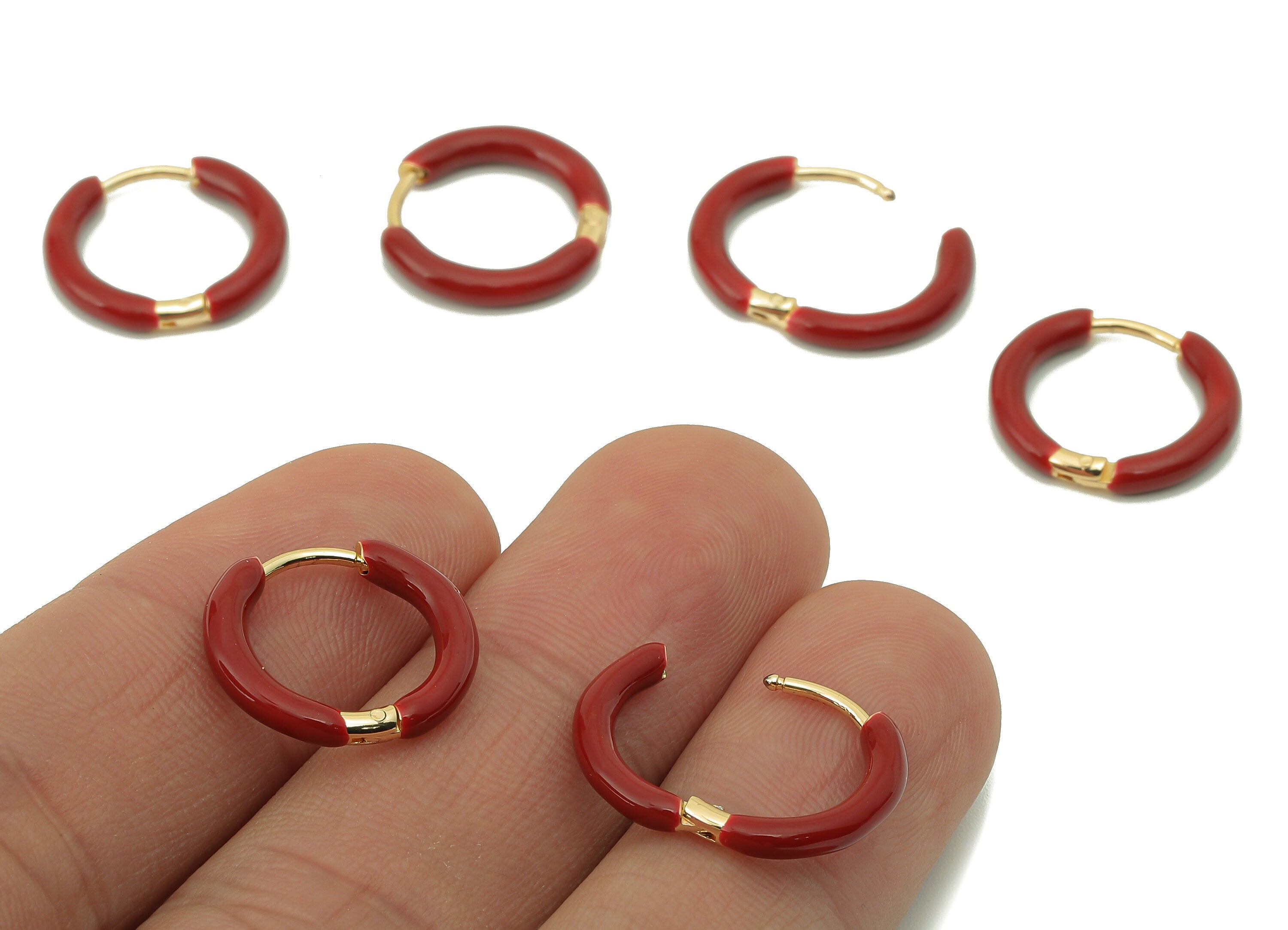 Stainless Steel Circle Earring Clasps - Mini Red Enamel Hoop Earring - Huggie Hoop Clasp -18K Real Gold Plating-16.57x15.19x 2.71mm-RGP5889E - DOMEDBAZAAR