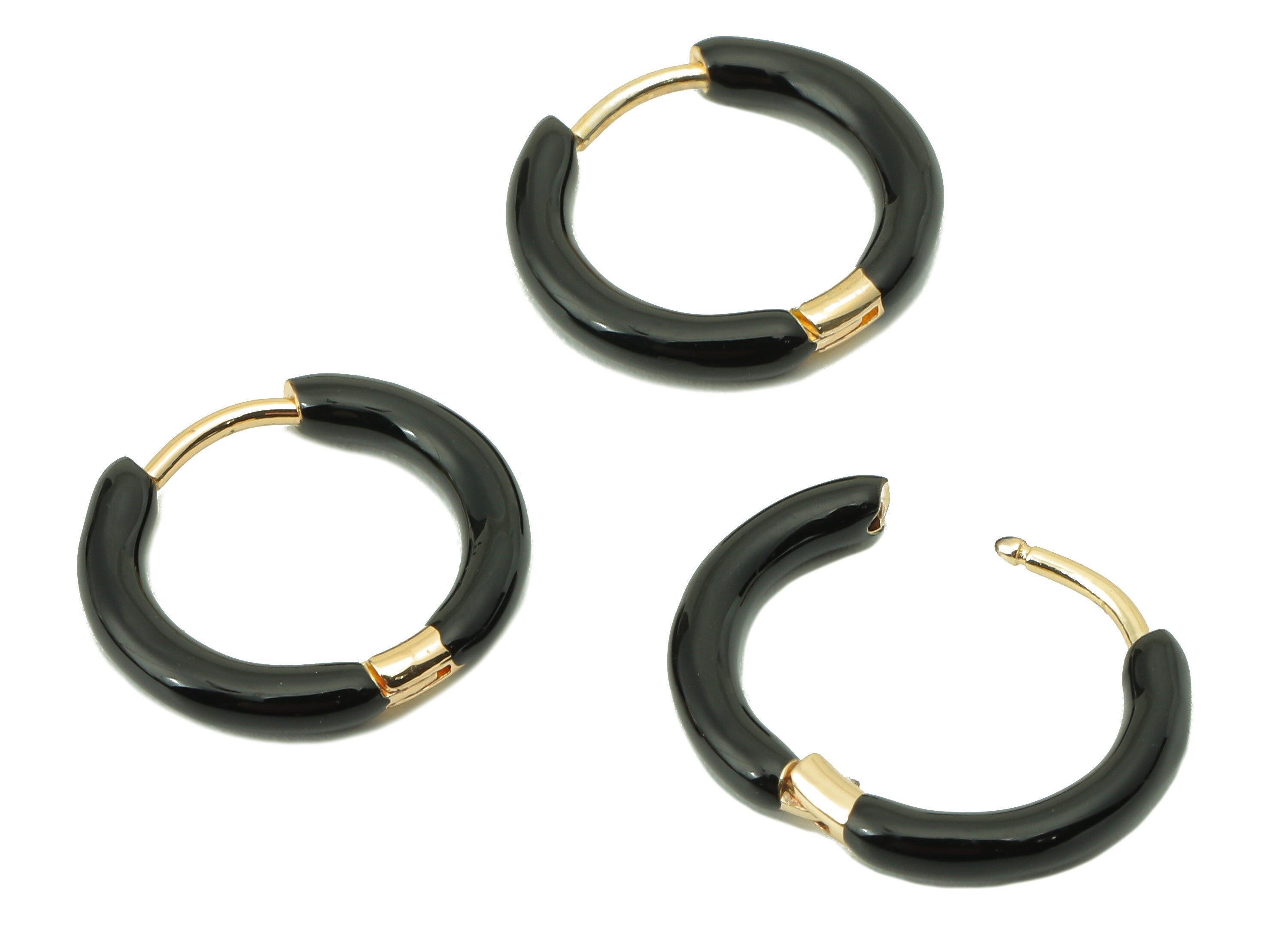 Stainless Steel Circle Earring Clasps - Mini Black Enamel Hoop Earring -Huggie Hoop Clasp -18K Real Gold Plating-16.57x15.19x2.71mm-RGP5889F - DOMEDBAZAAR