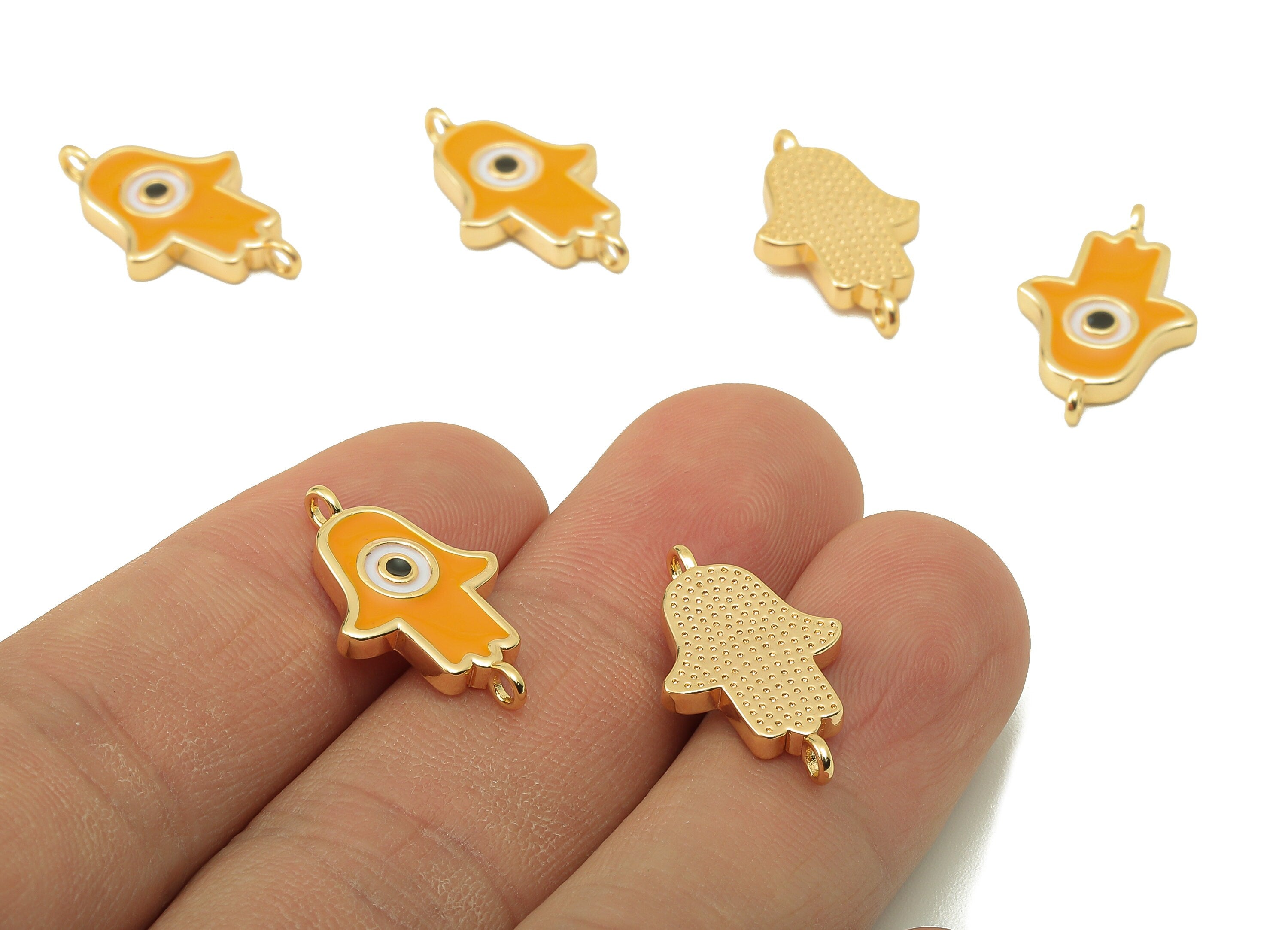 Brass Hamsa Earring Connector - Brass Yellow Enamel Pendant With Loop -Enamel for Bracelet-18K Real Gold Plating-21.05x12.88x2.42mm-RGP5890A - DOMEDBAZAAR
