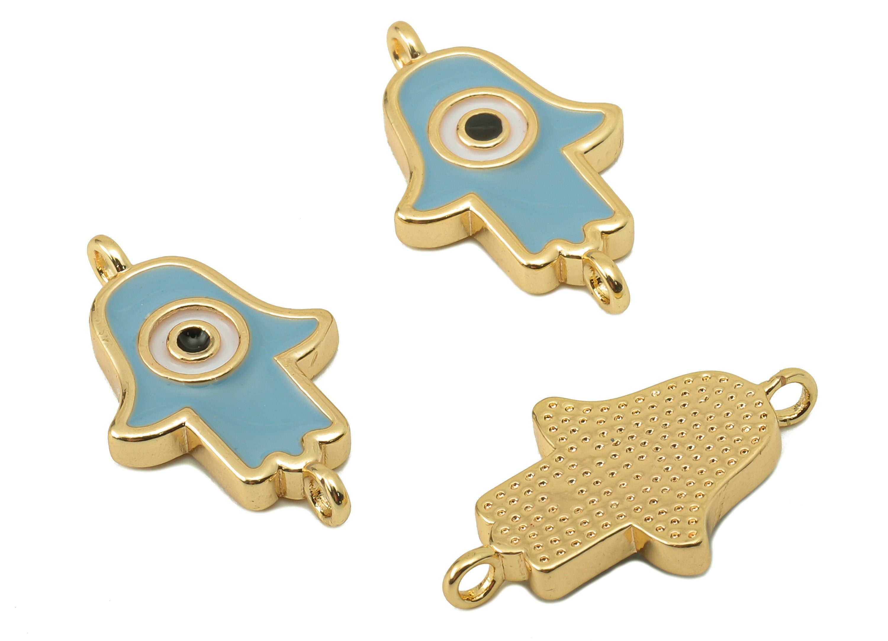 Brass Hamsa Earring Connector - Brass Blue Enamel Pendant With Loop - Enamel for Bracelet-18K Real Gold Plating-21.05x12.88x2.42mm-RGP5890C - DOMEDBAZAAR
