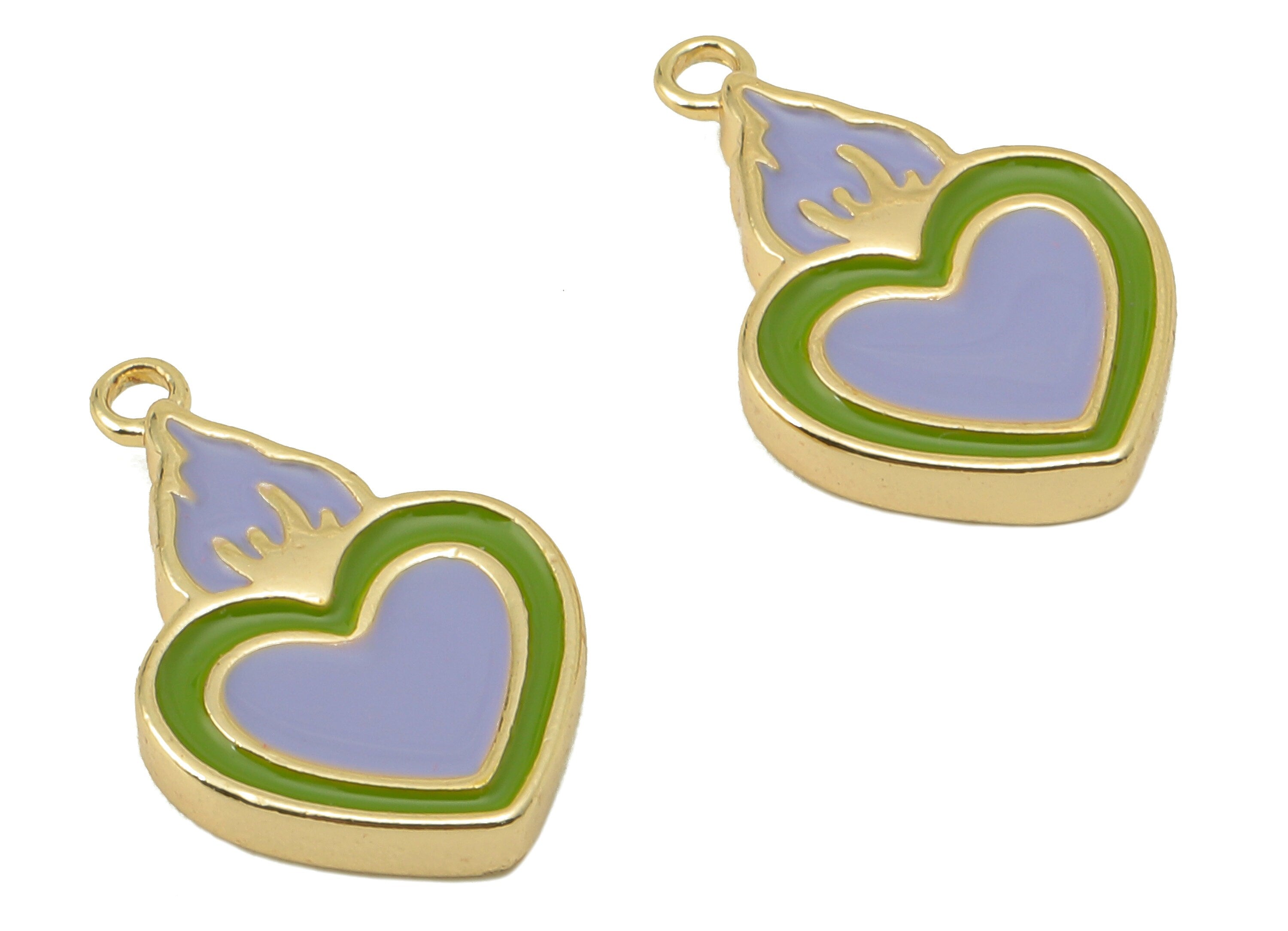 Brass Enamel Purple Heart Earring Charm -Brass Burning Heart Pendant With Loop-For Necklace-18K Real Gold Plating-17.42x11.16x2.26mm-RGP5891 - DOMEDBAZAAR
