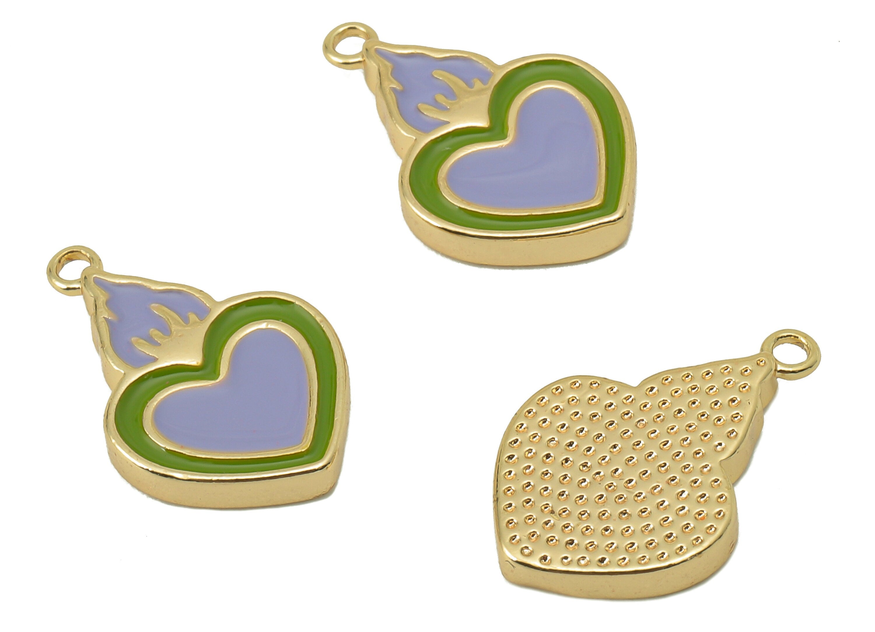 Brass Enamel Purple Heart Earring Charm -Brass Burning Heart Pendant With Loop-For Necklace-18K Real Gold Plating-17.42x11.16x2.26mm-RGP5891 - DOMEDBAZAAR