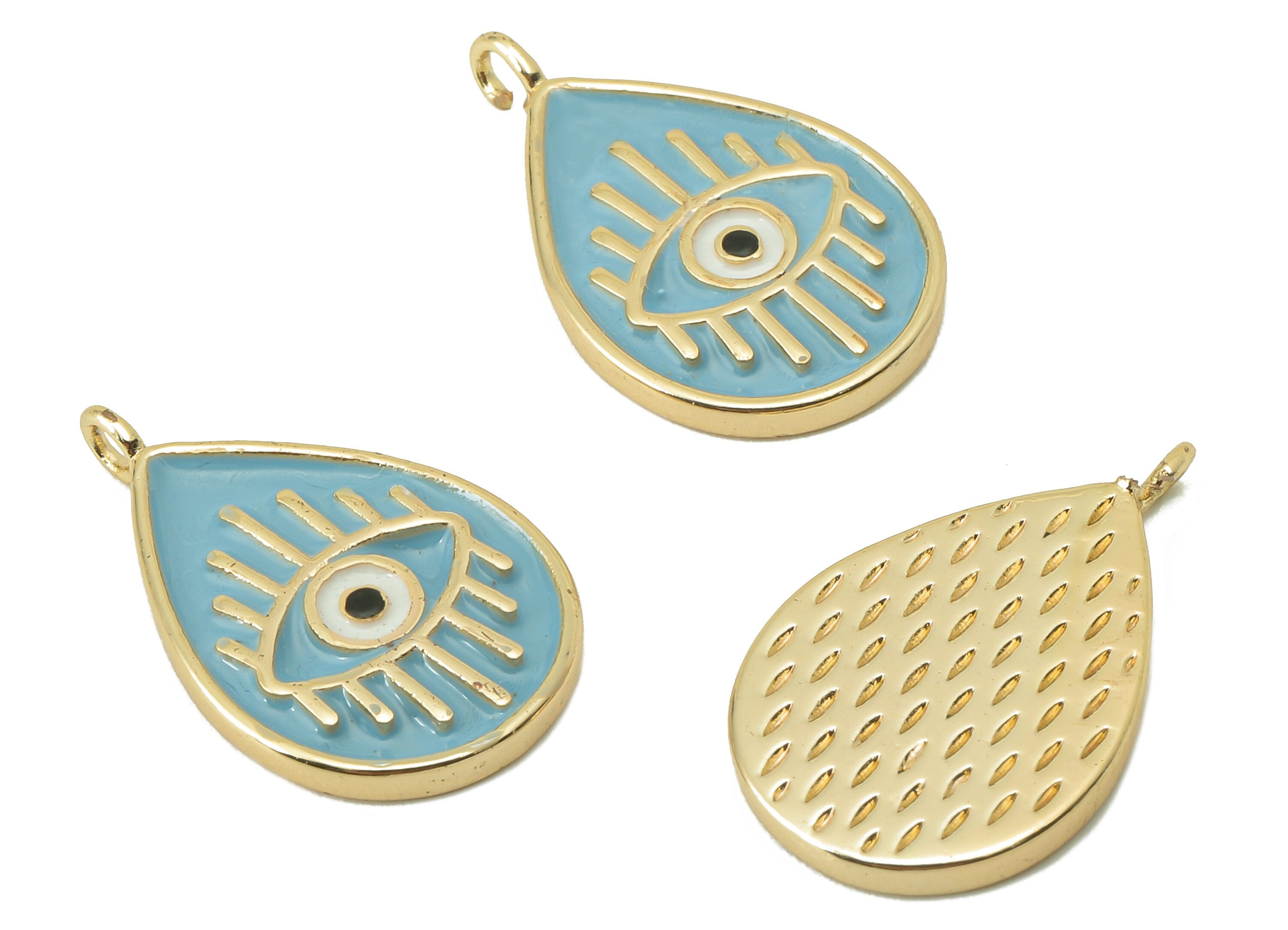 Brass Drop Eye Earring Charm - Brass Blue Enamel Eye Pendant - Eyelash Charm For Necklace - 18K Real Gold Plating-19.28x12.1x 1.72mm-RGP5892 - DOMEDBAZAAR