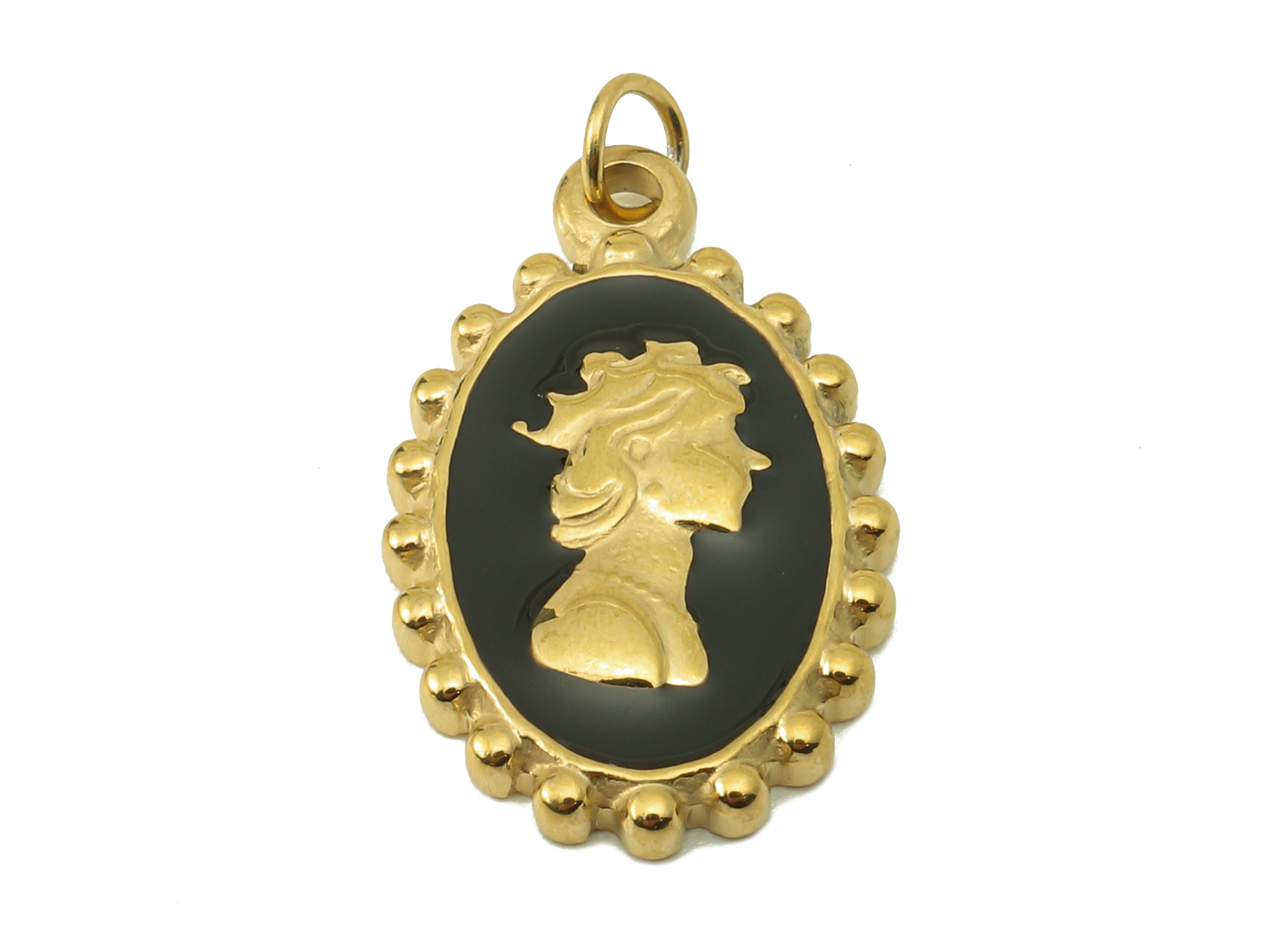 Stainless Steel Oval Portrait Charms with Loop - Enamel Old Loobing Pendant -For Necklace - 18K Real Gold Plating-22.82x12.91x1.94mm-RGP5901 - DOMEDBAZAAR