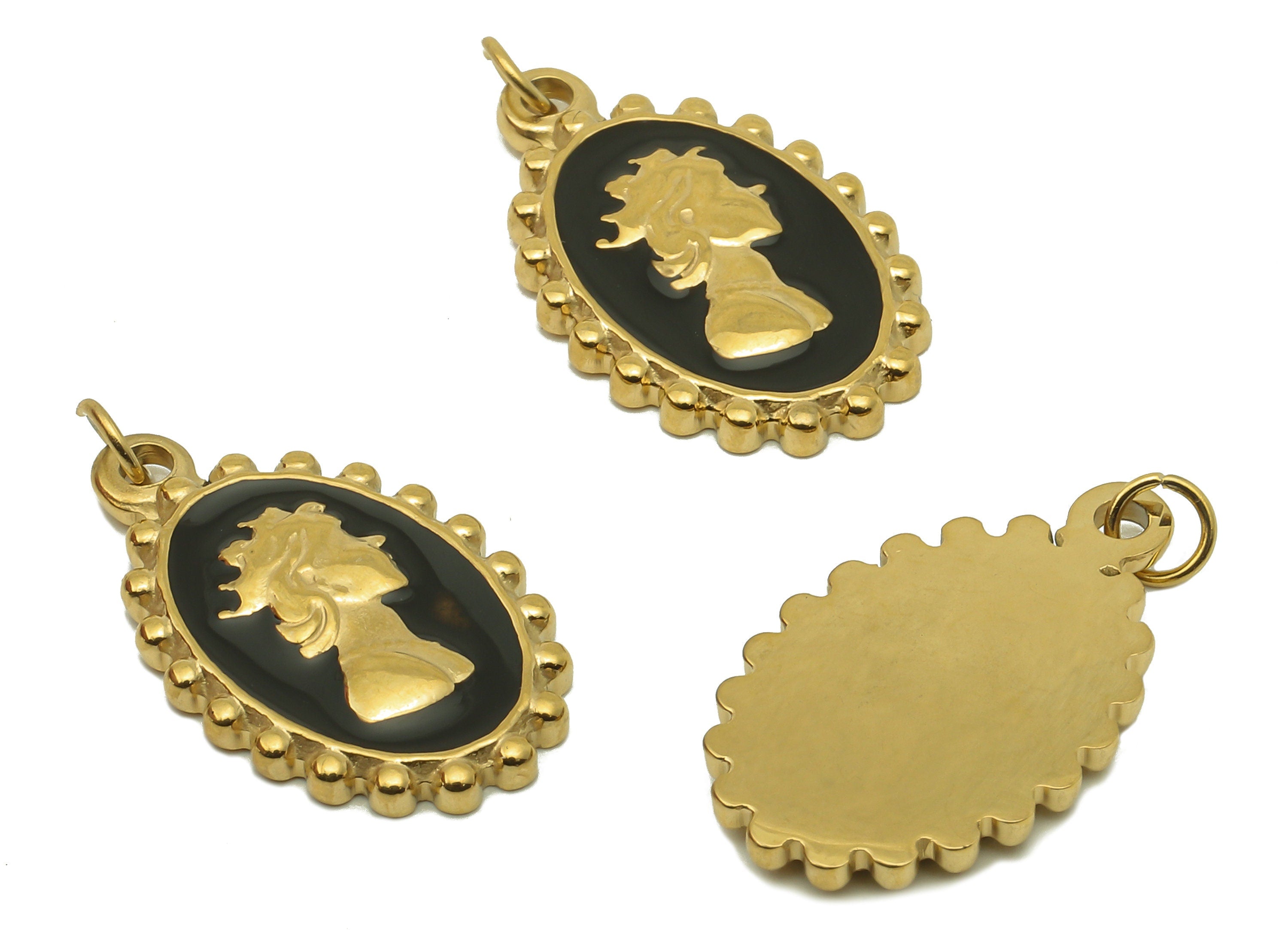 Stainless Steel Oval Portrait Charms with Loop - Enamel Old Loobing Pendant -For Necklace - 18K Real Gold Plating-22.82x12.91x1.94mm-RGP5901 - DOMEDBAZAAR