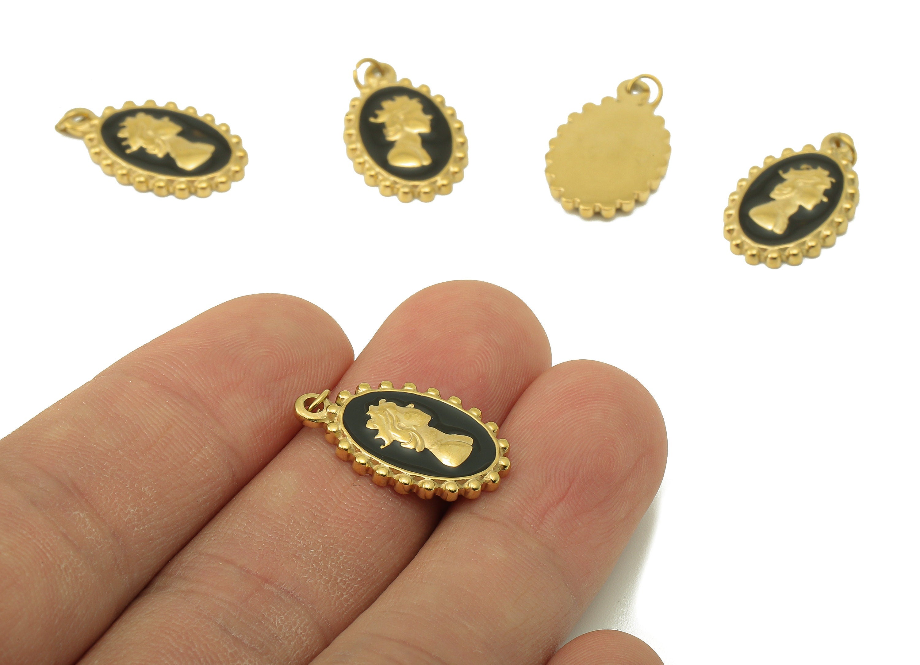 Stainless Steel Oval Portrait Charms with Loop - Enamel Old Loobing Pendant -For Necklace - 18K Real Gold Plating-22.82x12.91x1.94mm-RGP5901 - DOMEDBAZAAR