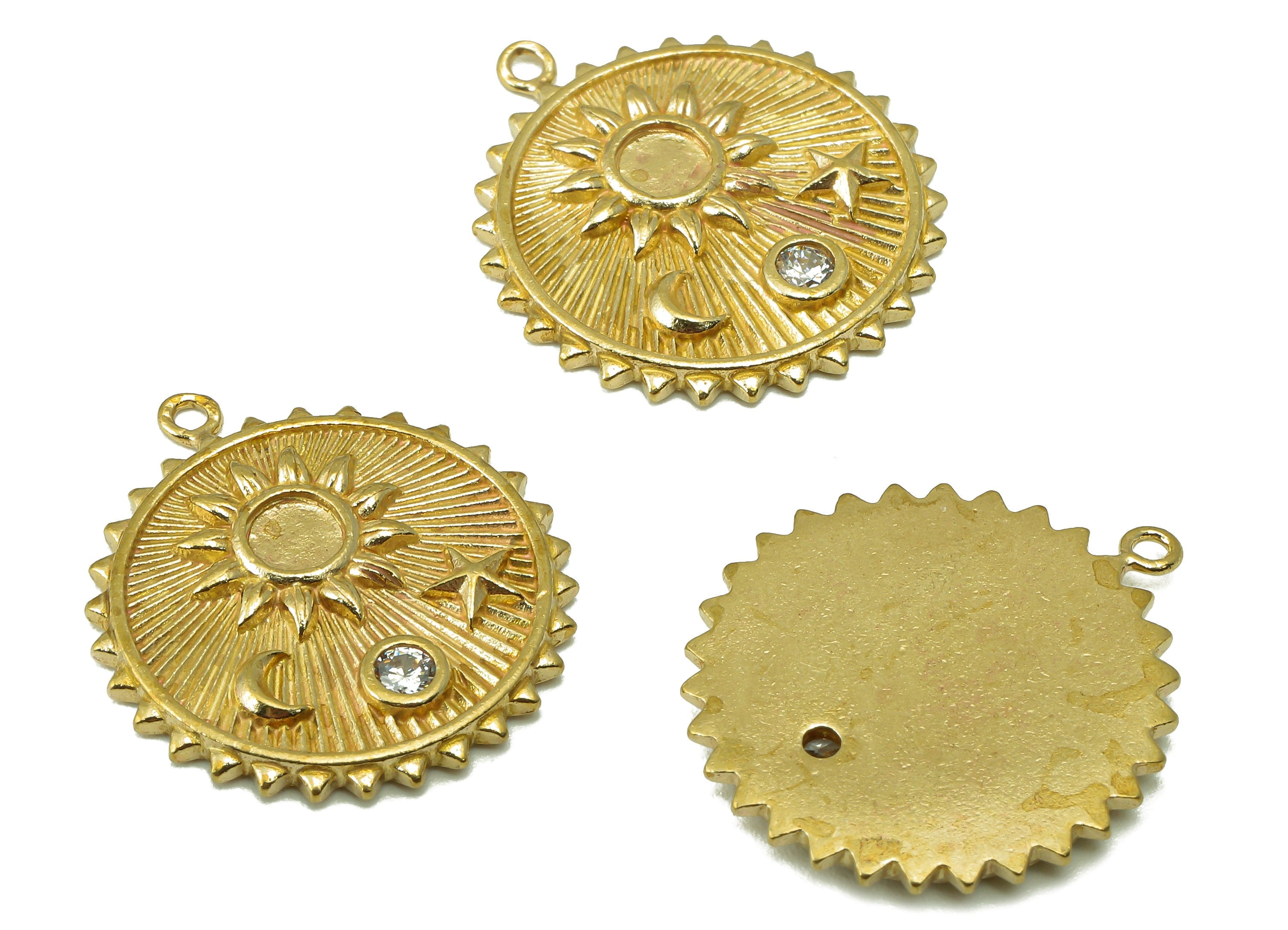 Raw Brass Round Sun Moon Star Earring Charm-Round Zircon Charm For Necklace-Zircon Circle Sun Pendant-For Necklace-22.14x19.46x2.12mm-PP8361 - DOMEDBAZAAR