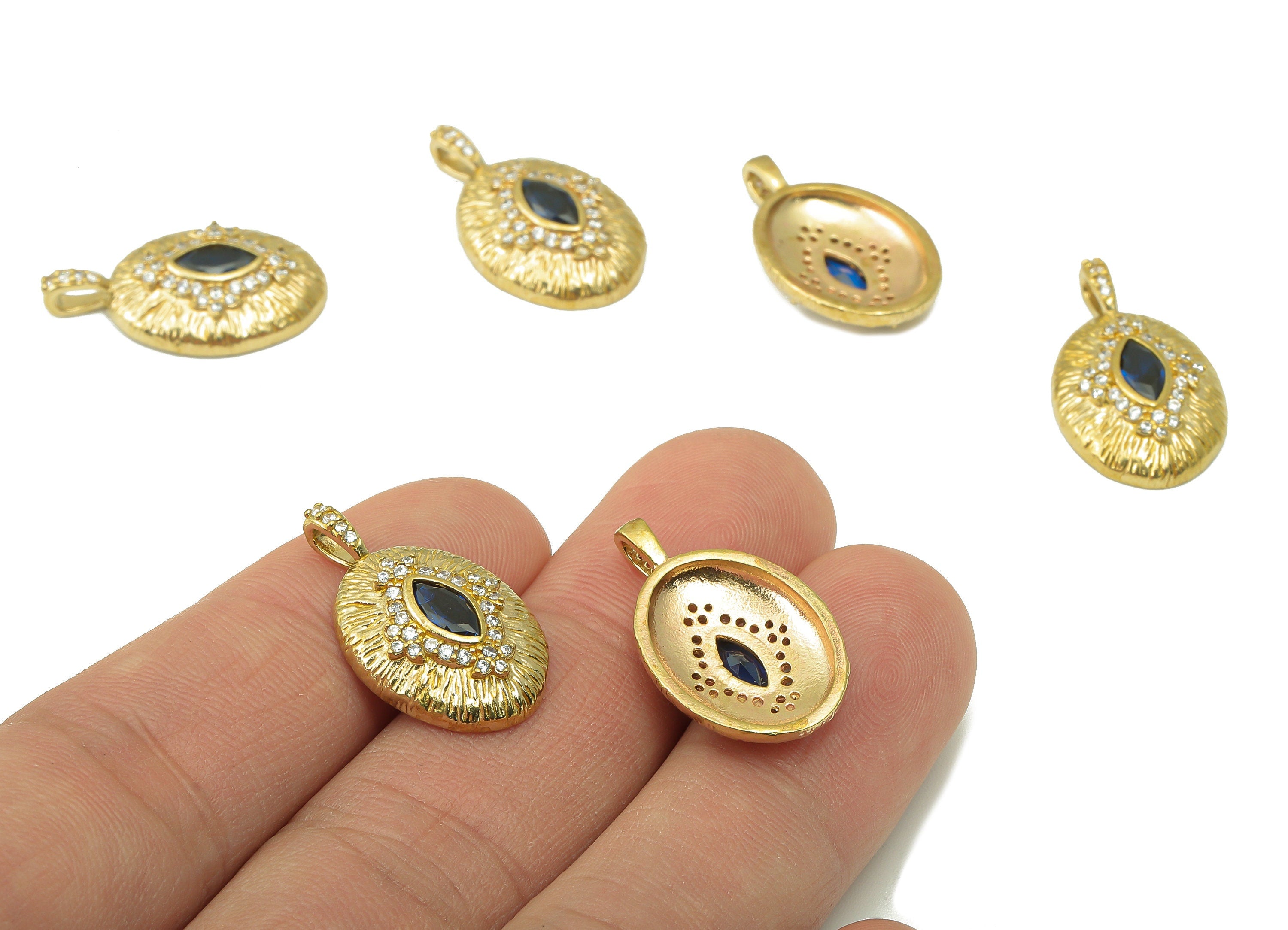 Raw Brass Ellipse Earring-Ellipse Zircon Precious Stone Charm For Necklace-Eye Pattern Zircon Pendant-For Necklace-23.4x13.93x2.03mm-PP8374 - DOMEDBAZAAR