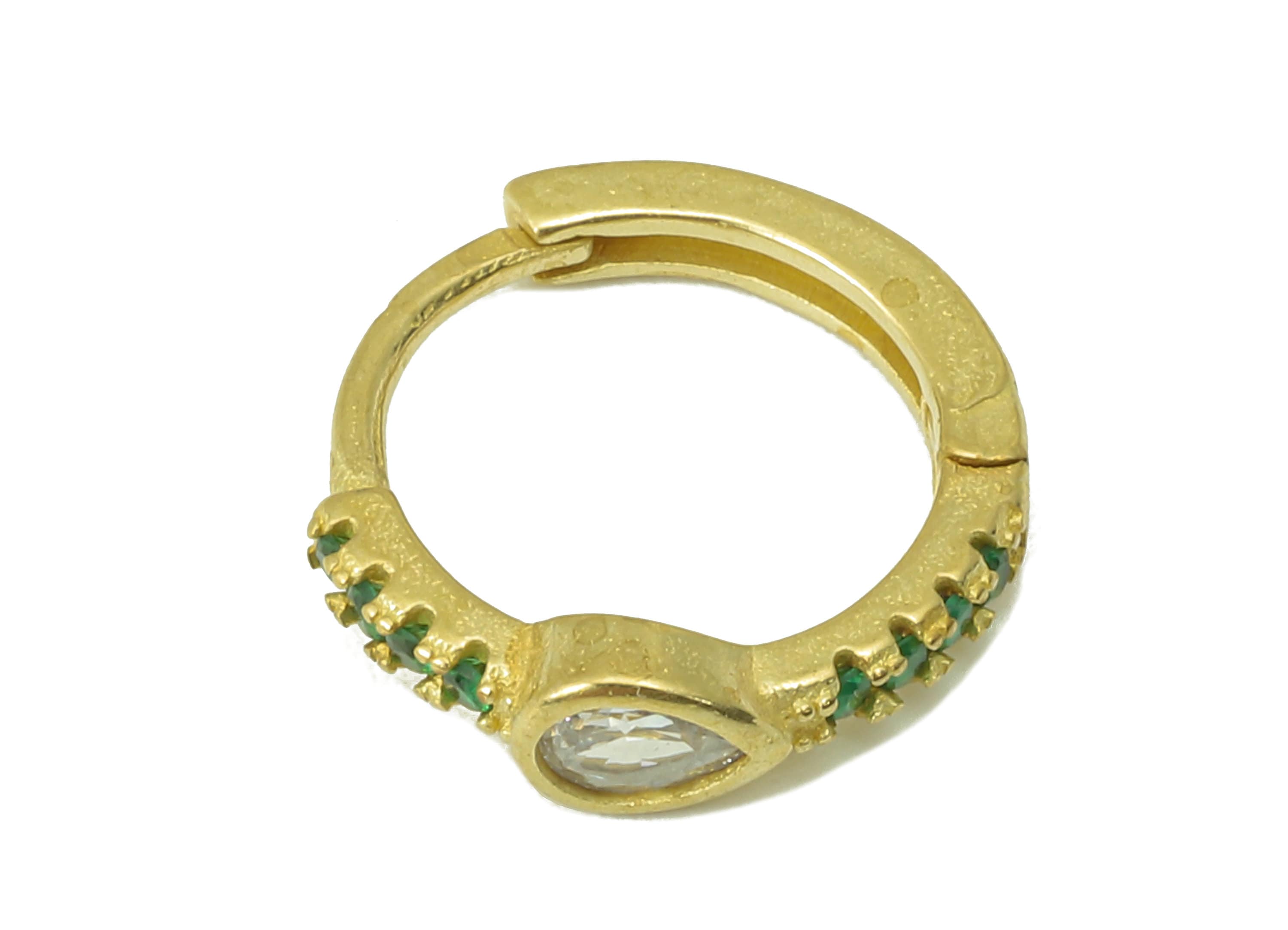 Raw Brass Zircon Drop Huggies Hoop Earrings - Green Dainty Pear Huggie with Open Ring – Small Clasp Hoop Earrings-13.72x13.02x2.25mm- PP8283 - DOMEDBAZAAR