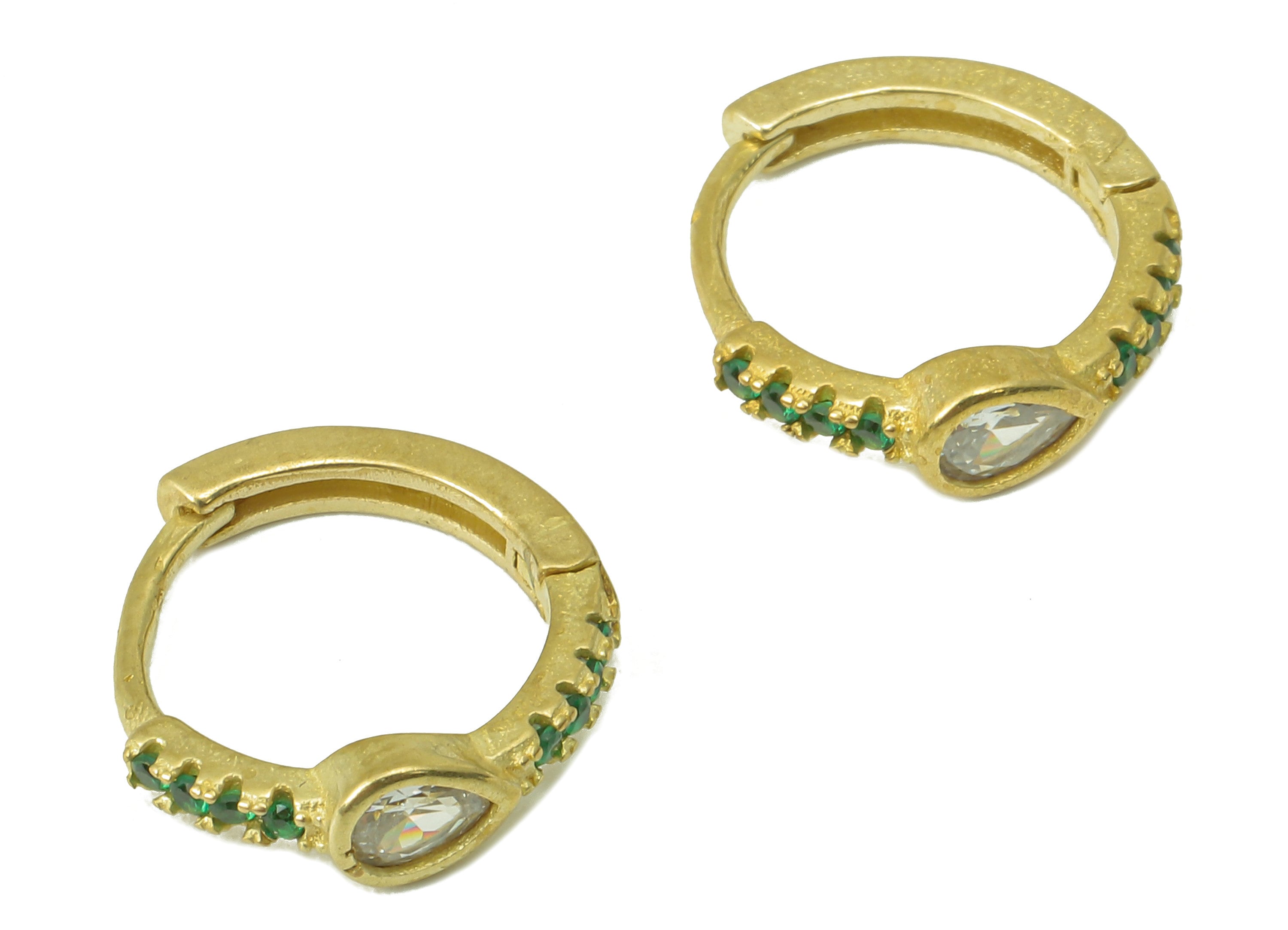 Raw Brass Zircon Drop Huggies Hoop Earrings - Green Dainty Pear Huggie with Open Ring – Small Clasp Hoop Earrings-13.72x13.02x2.25mm- PP8283 - DOMEDBAZAAR