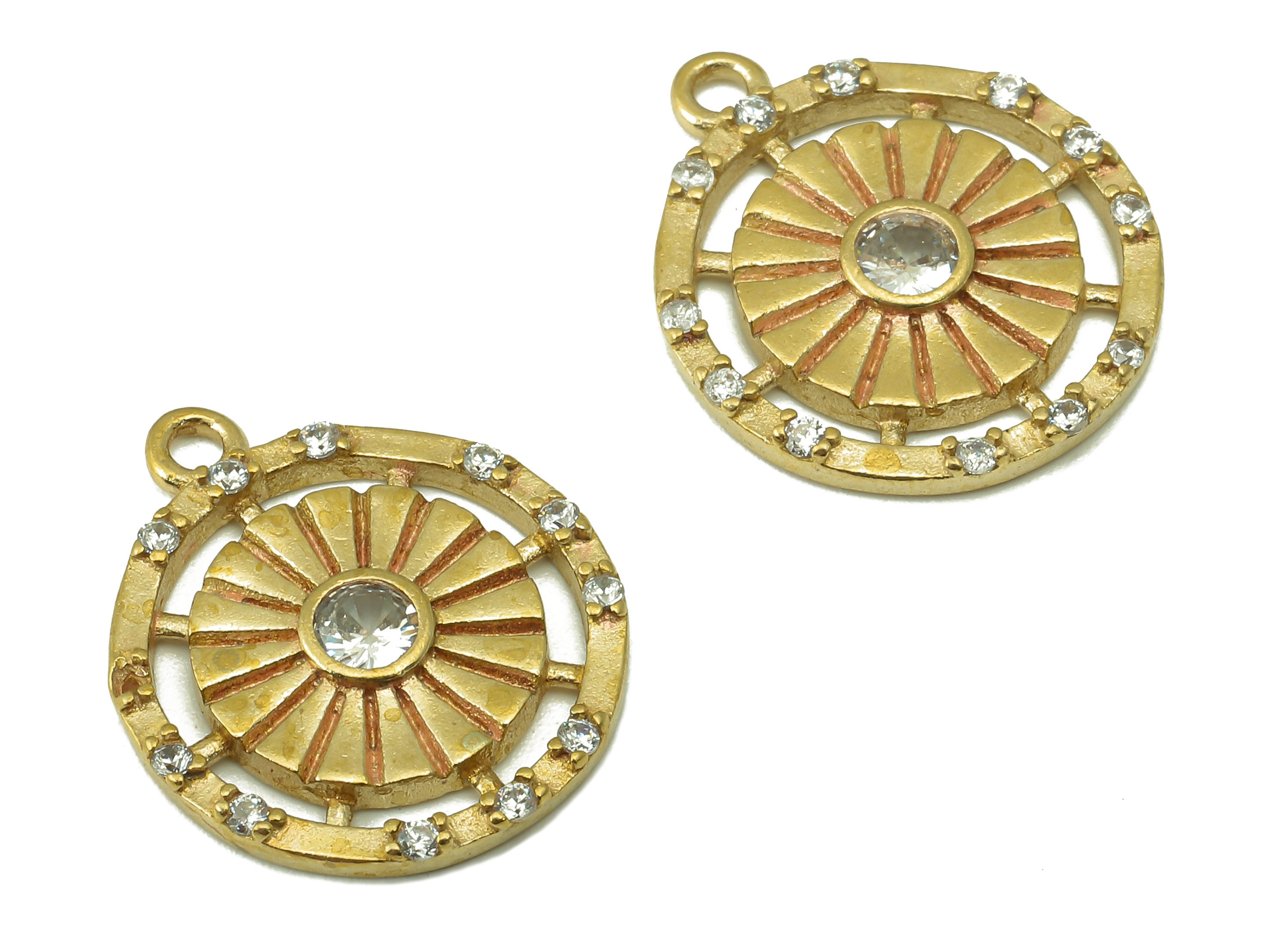 Raw Brass Round Zircon Necklace Charms-Raw Brass Circle Hollow Out Pendant-Petal Pendant-Jewelry Making Supplies -20.32x16.9x2.29mm - PP8379 - DOMEDBAZAAR
