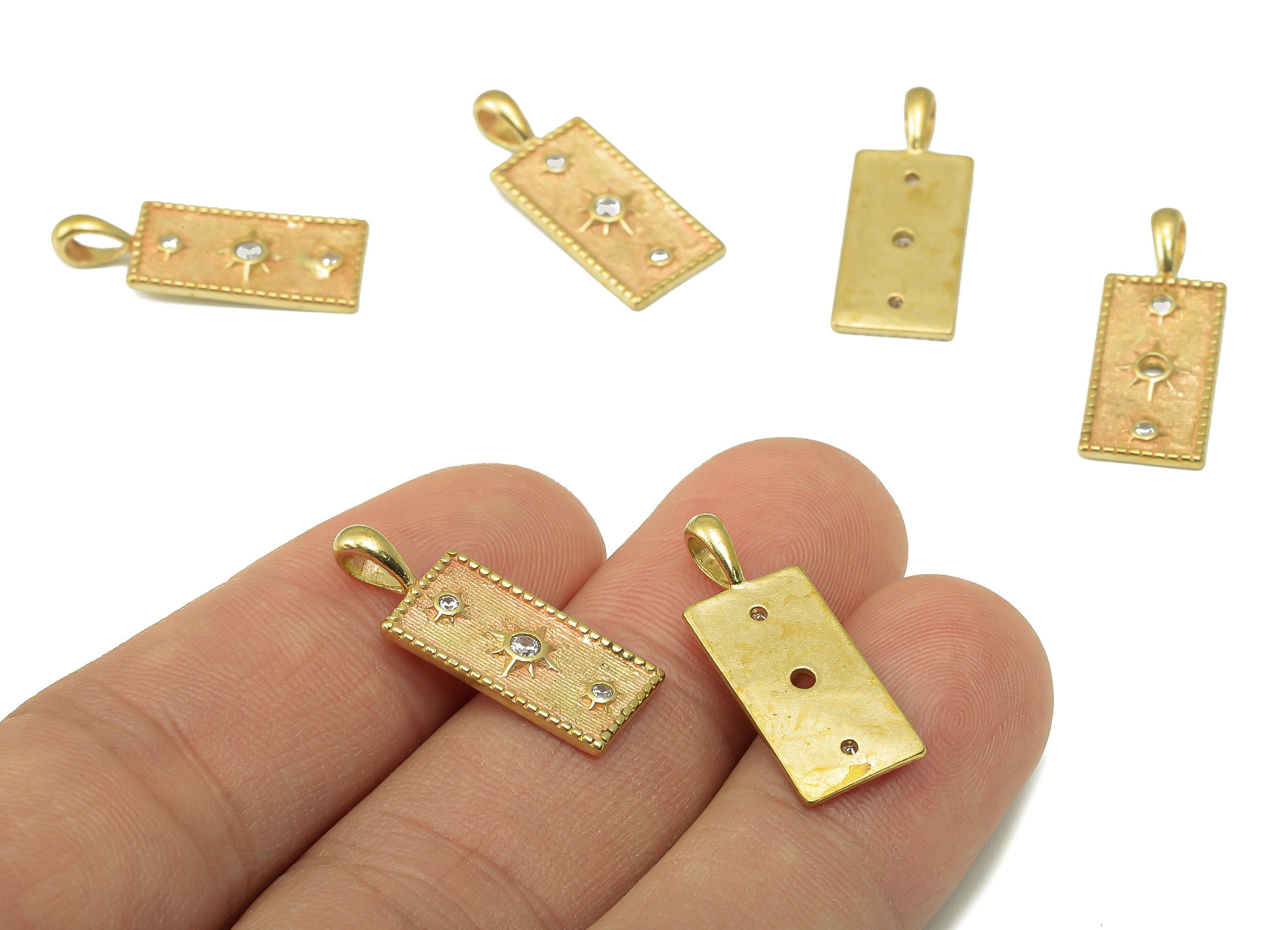 Raw Brass Zircon Awn Star Rectangular Pendant - Rectangular Necklace Connector - Jewelry Making Supplies - 23.82x 9.27x 1.18mm - PP8380 - DOMEDBAZAAR