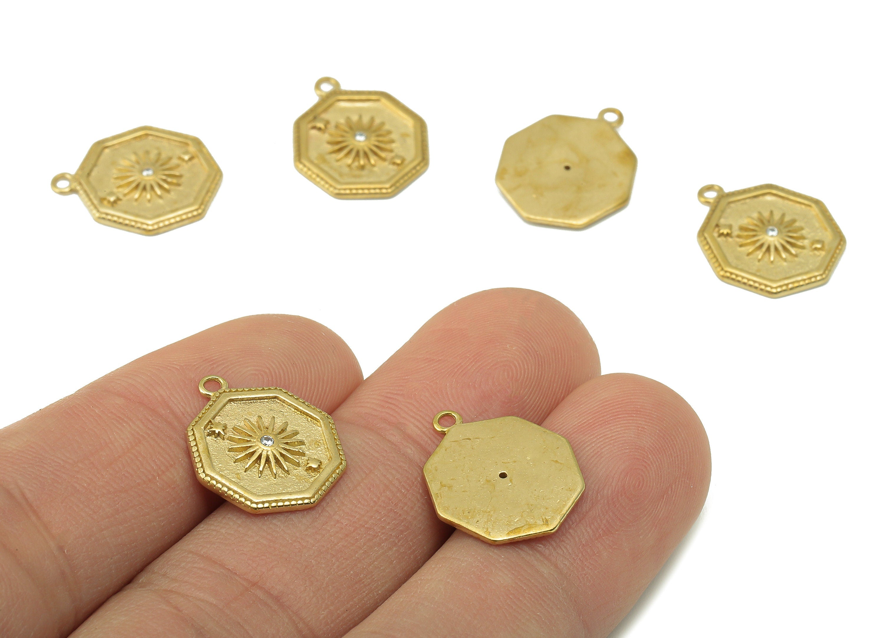 Raw Brass Octagon Zircon Pendant-Raw Brass Octagon Necklace Connector Daisy-Shaped Zircon-Jewelry Making Supplies-17.48x14.29x1.72mm-PP8383 - DOMEDBAZAAR