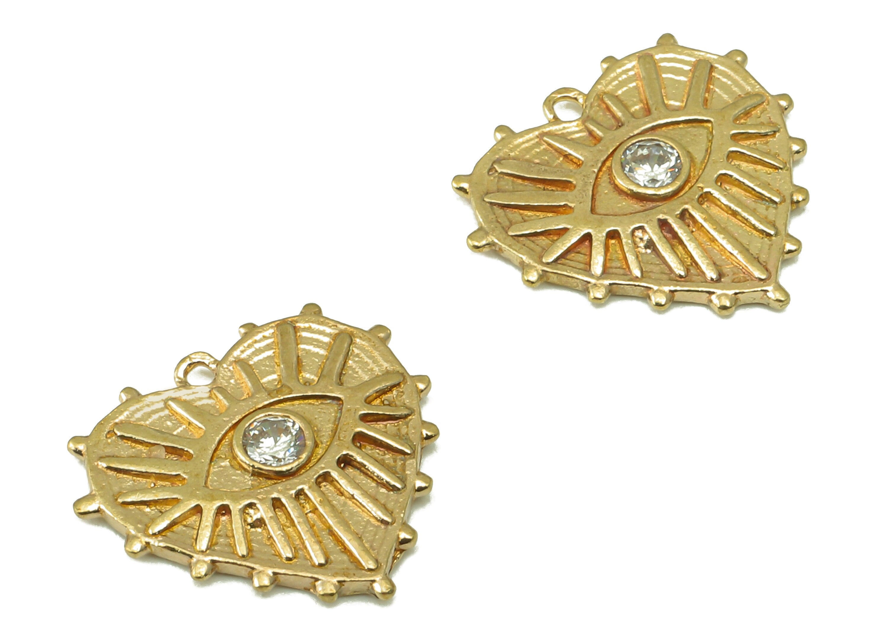 Raw Brass Zircon Heart Eyes Pendant-Raw Brass Heart Pendant Heart Eyes Pendant Connector-Jewelry Making Supplies-13.87x 14.83 x 1.7mm-PP8388 - DOMEDBAZAAR