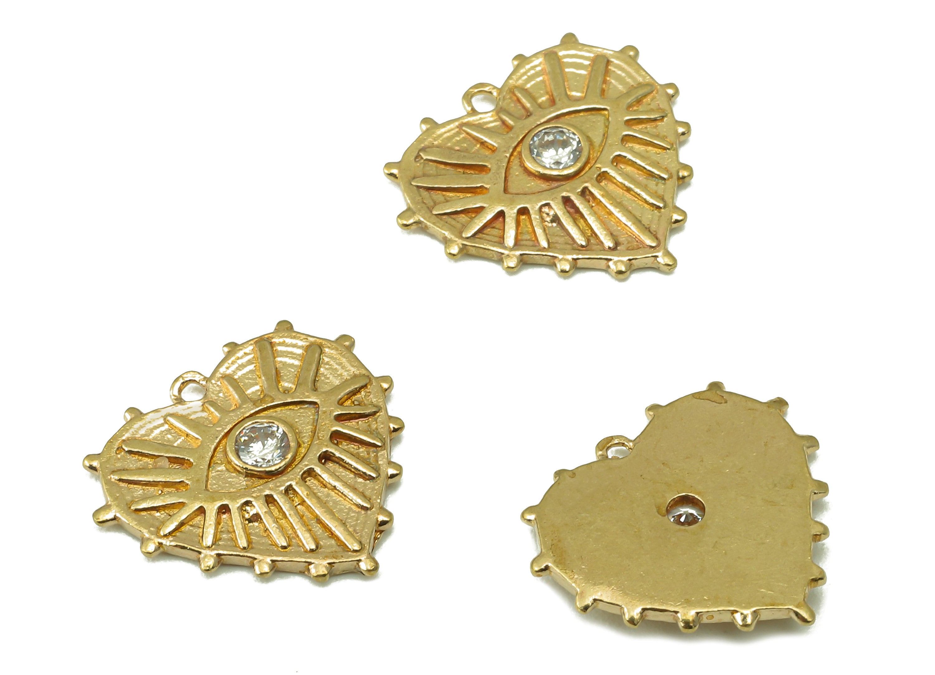 Raw Brass Zircon Heart Eyes Pendant-Raw Brass Heart Pendant Heart Eyes Pendant Connector-Jewelry Making Supplies-13.87x 14.83 x 1.7mm-PP8388 - DOMEDBAZAAR