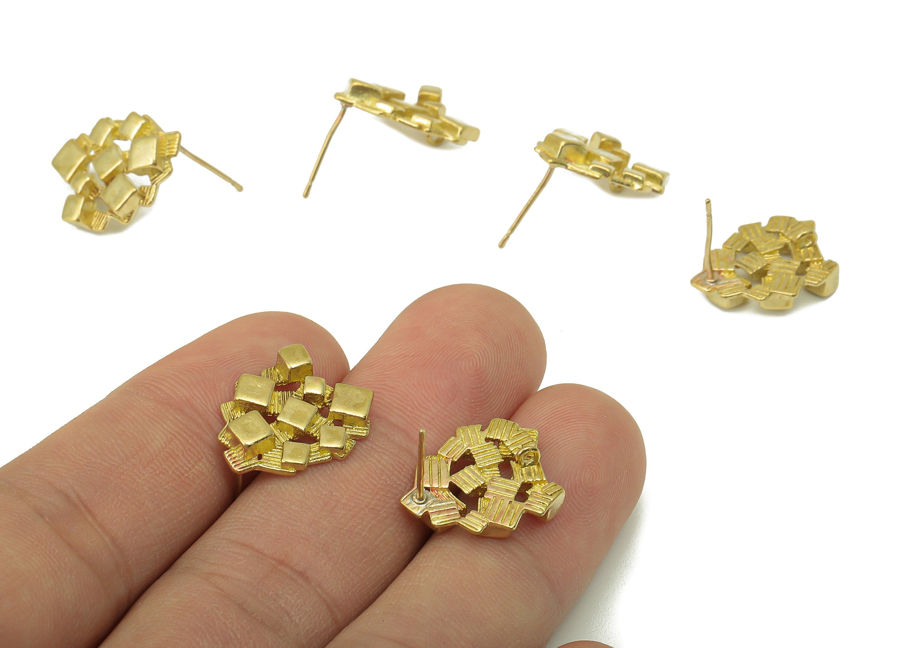 Raw Brass Textured Stud Earring - Brass Mini Cube Earring Post - Geometry Earring Post With Loop -Jewelry Making-17.54x 13.65x 2.73mm PP8354 - DOMEDBAZAAR