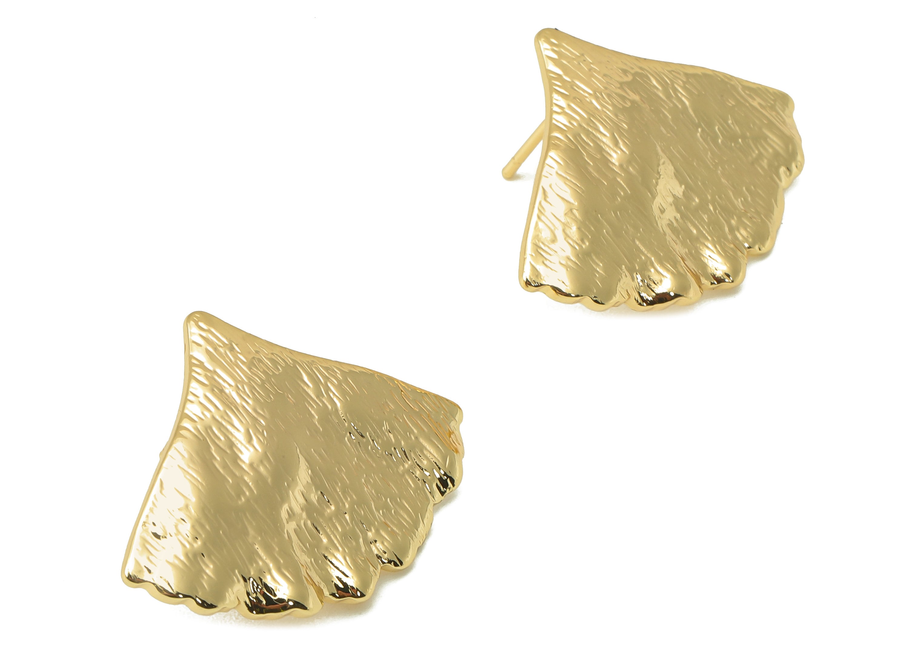 Brass Ginkgo Stud Earring -Brass Wavy Leaf Earring Post -Botanical Earring Post With Loop-18K Real Gold Plating -28.07x21.02x1.73mm- RGP5939 - DOMEDBAZAAR
