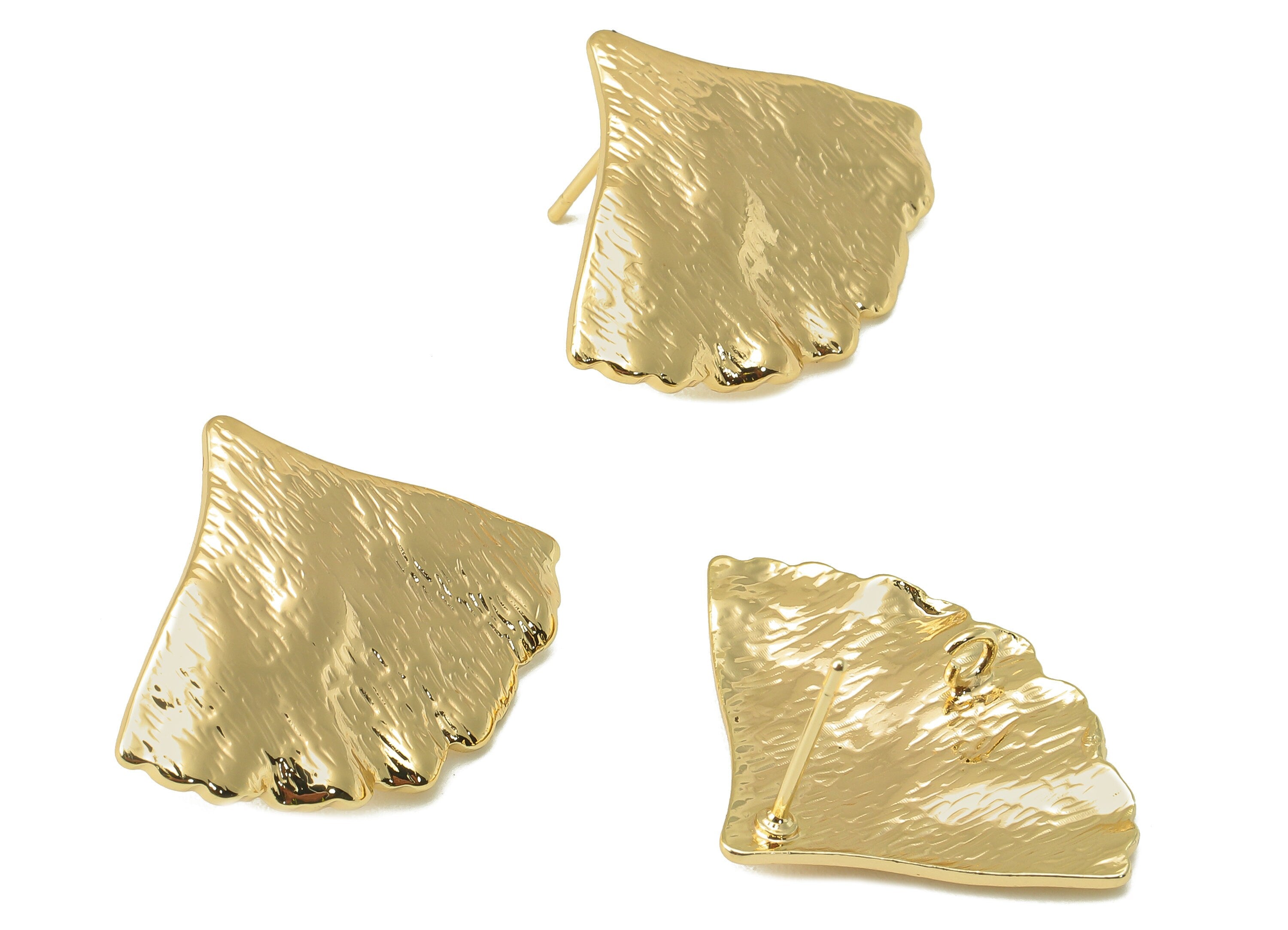 Brass Ginkgo Stud Earring -Brass Wavy Leaf Earring Post -Botanical Earring Post With Loop-18K Real Gold Plating -28.07x21.02x1.73mm- RGP5939 - DOMEDBAZAAR