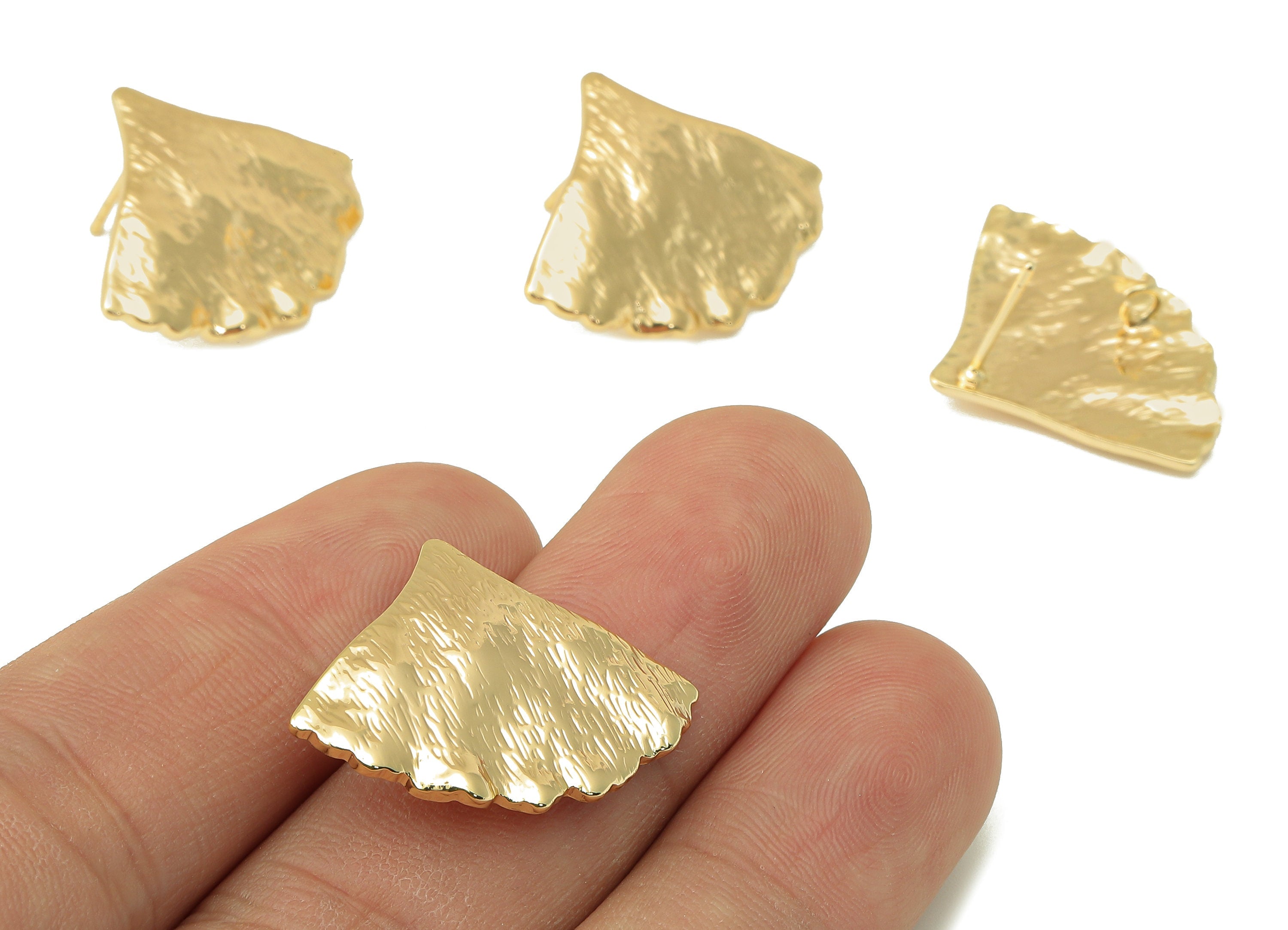 Brass Ginkgo Stud Earring -Brass Wavy Leaf Earring Post -Botanical Earring Post With Loop-18K Real Gold Plating -28.07x21.02x1.73mm- RGP5939 - DOMEDBAZAAR
