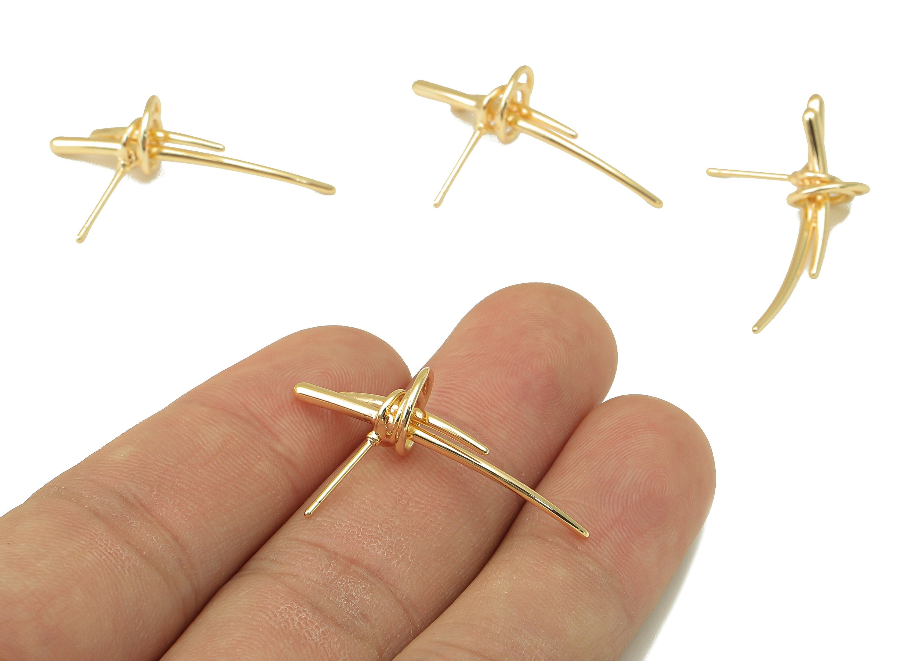 Brass Knot Stud Earring - Brass Wires Spiral Earring Post - Sabre Earring Stud - 18K Real Gold Plating-32.78x 19.85x 2.25mm-RGP5944 - DOMEDBAZAAR