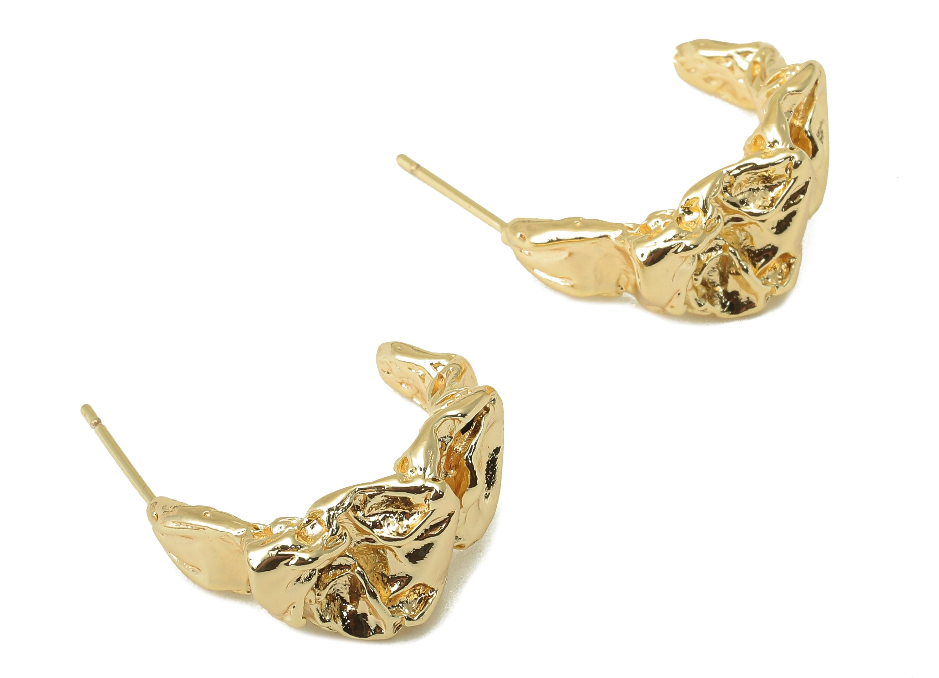 Brass Irregular Stud Earring - Brass C Hoop Open Textured Earring - Open Hoop Earring Post - 18K Real Gold Plating-26.6x 10.46x4.8mm-RGP5949 - DOMEDBAZAAR