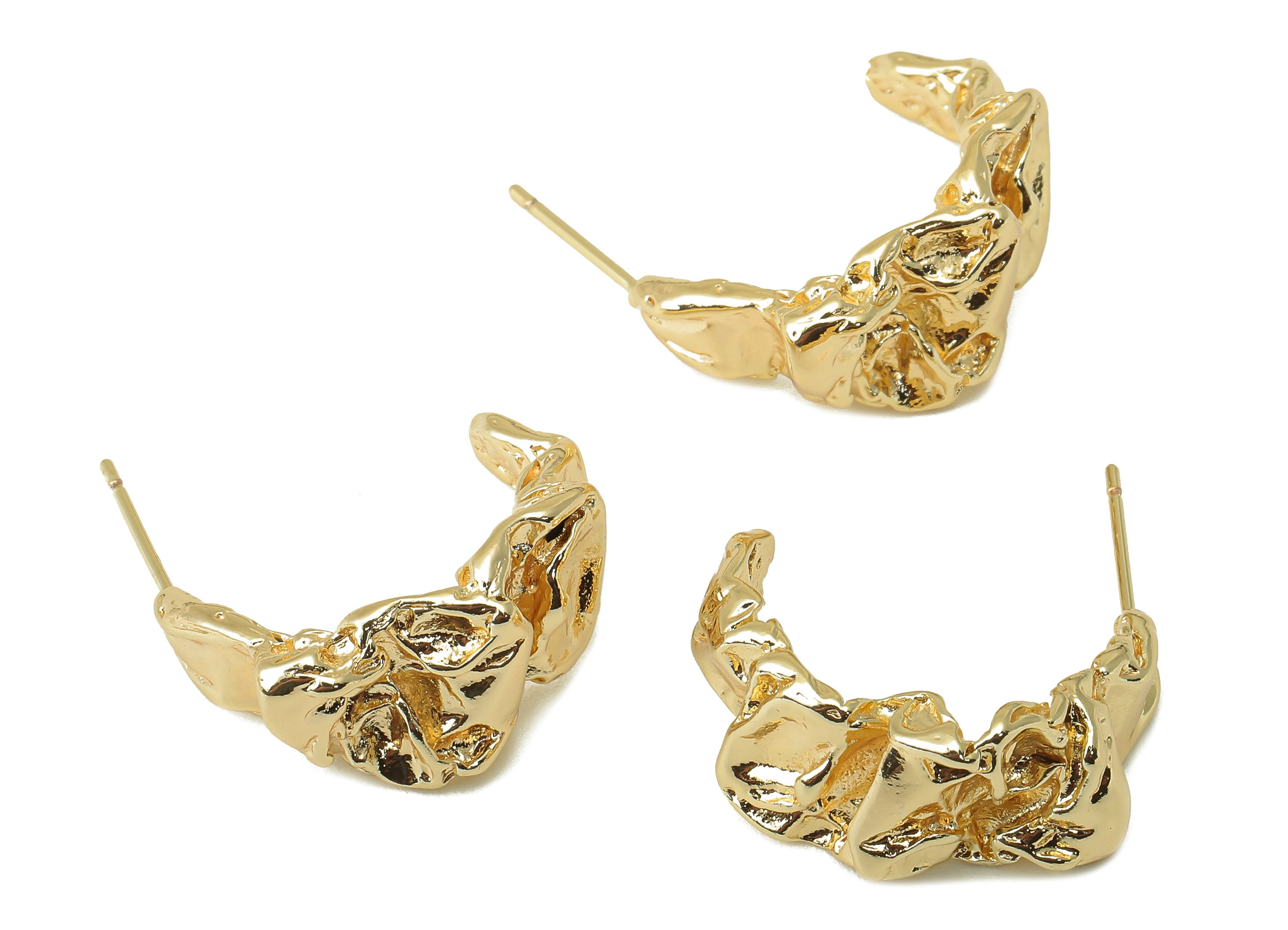 Brass Irregular Stud Earring - Brass C Hoop Open Textured Earring - Open Hoop Earring Post - 18K Real Gold Plating-26.6x 10.46x4.8mm-RGP5949 - DOMEDBAZAAR